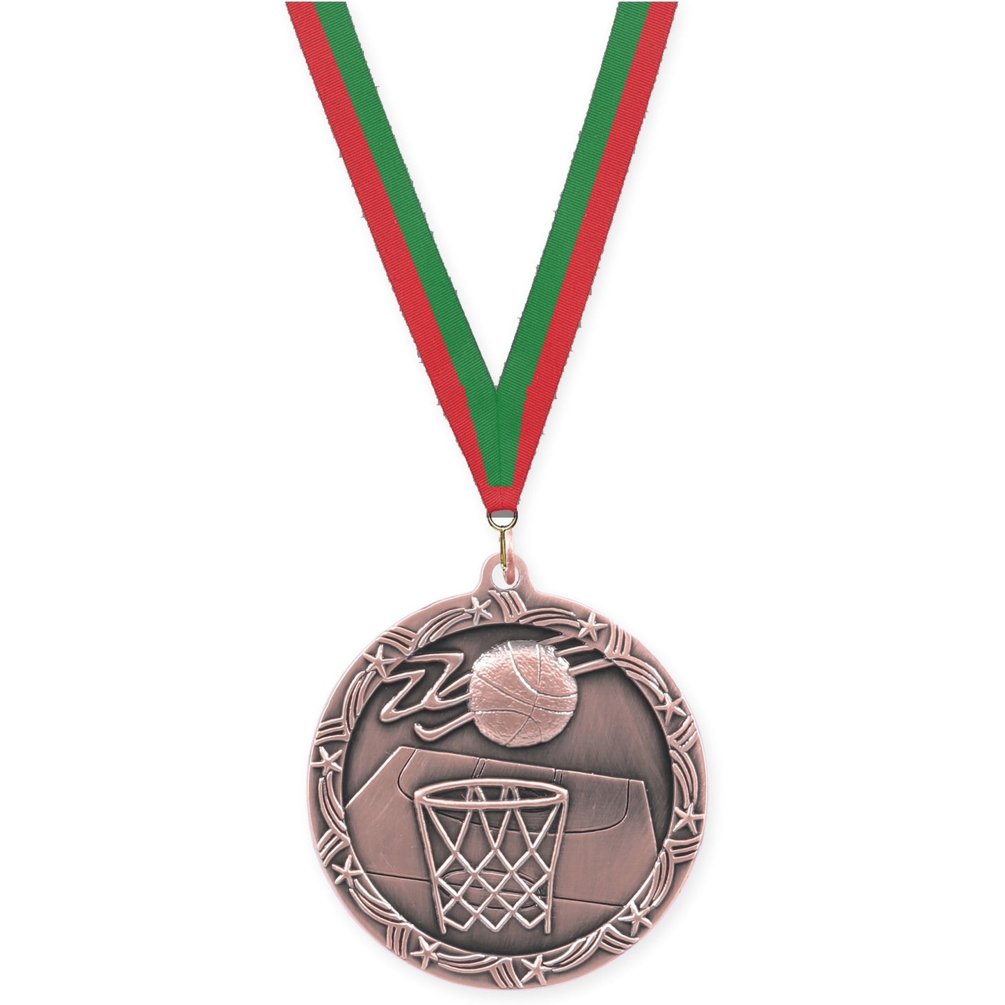 2 1/2 inch basketball Shooting Star medal in antique bronze with Red Green neck ribbon