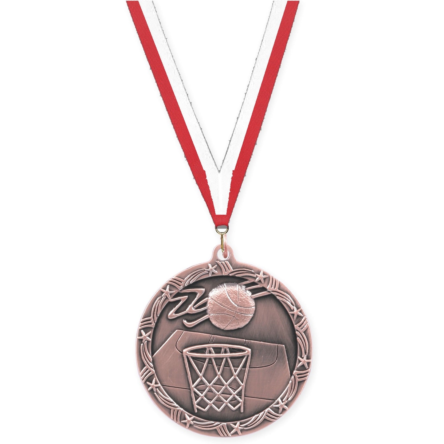 2 1/2 inch basketball Shooting Star medal in antique bronze with Red White neck ribbon