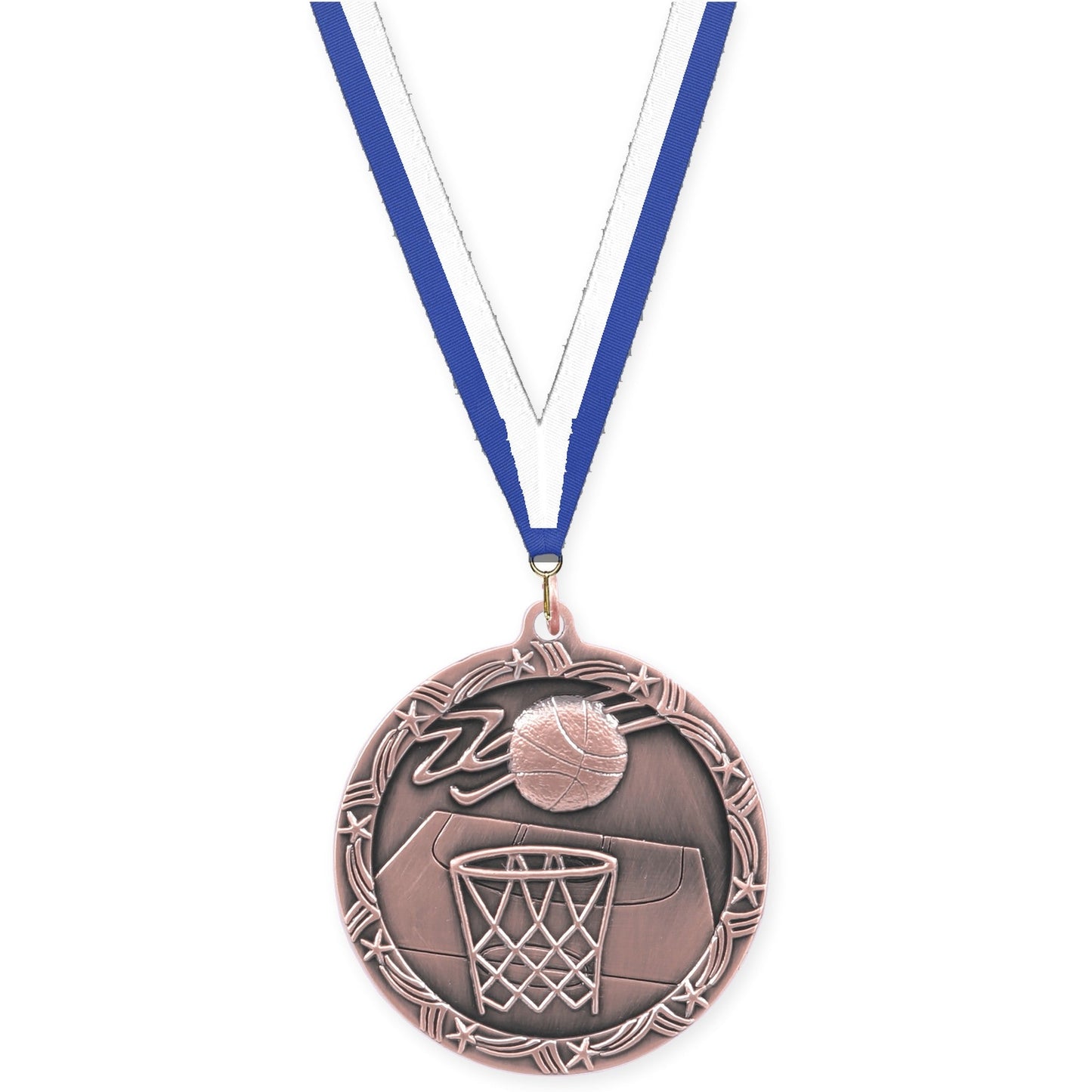 2 1/2 inch basketball Shooting Star medal in antique bronze with Blue White neck ribbon