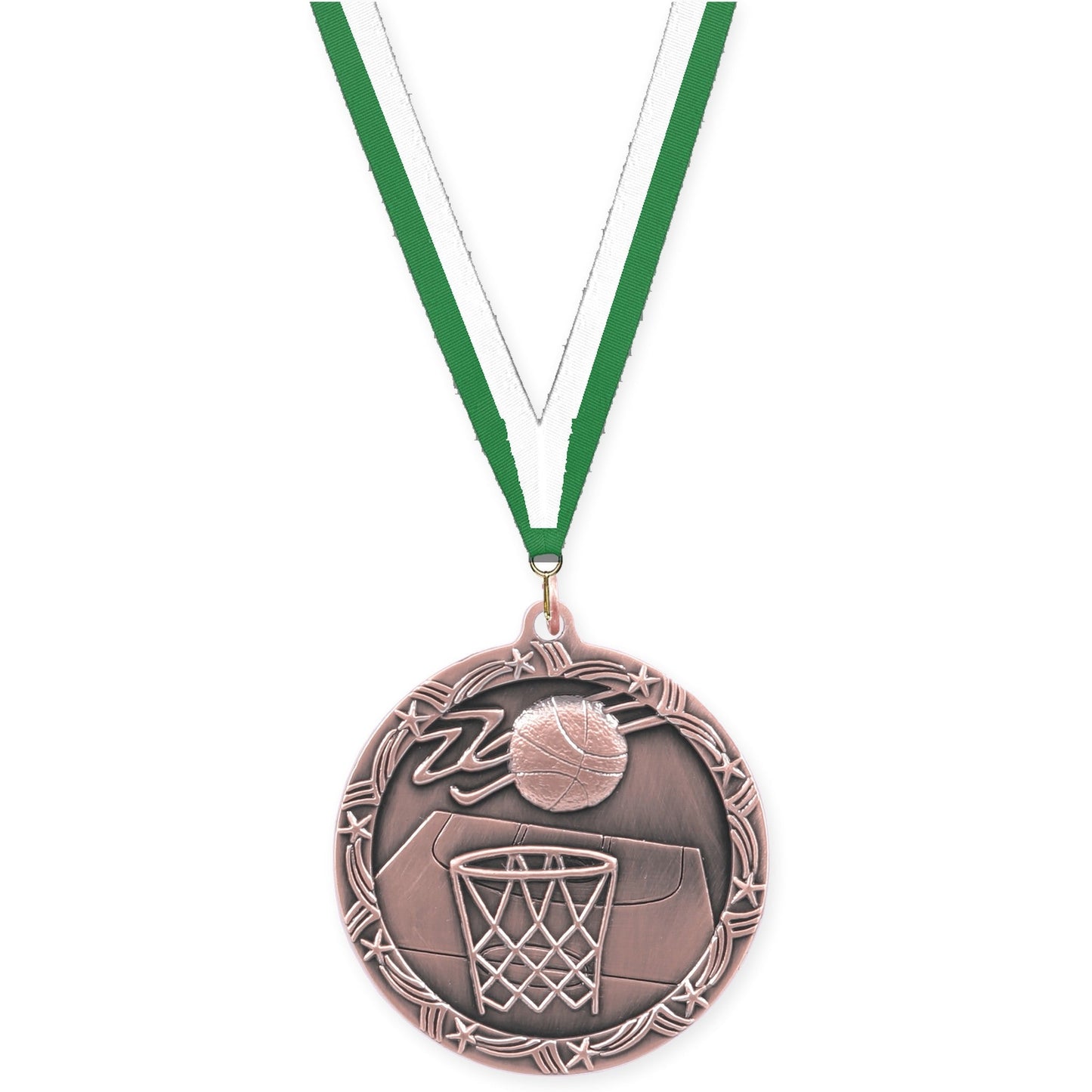 2 1/2 inch basketball Shooting Star medal in antique bronze with Green White neck ribbon