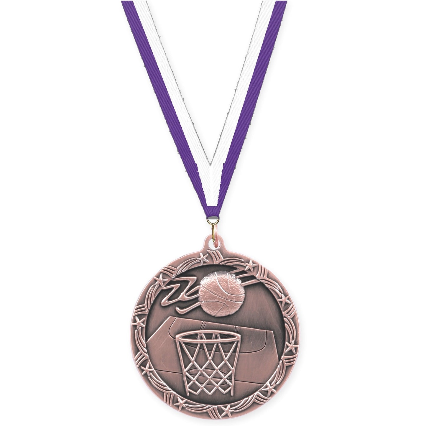 2 1/2 inch basketball Shooting Star medal in antique bronze with Purple White neck ribbon