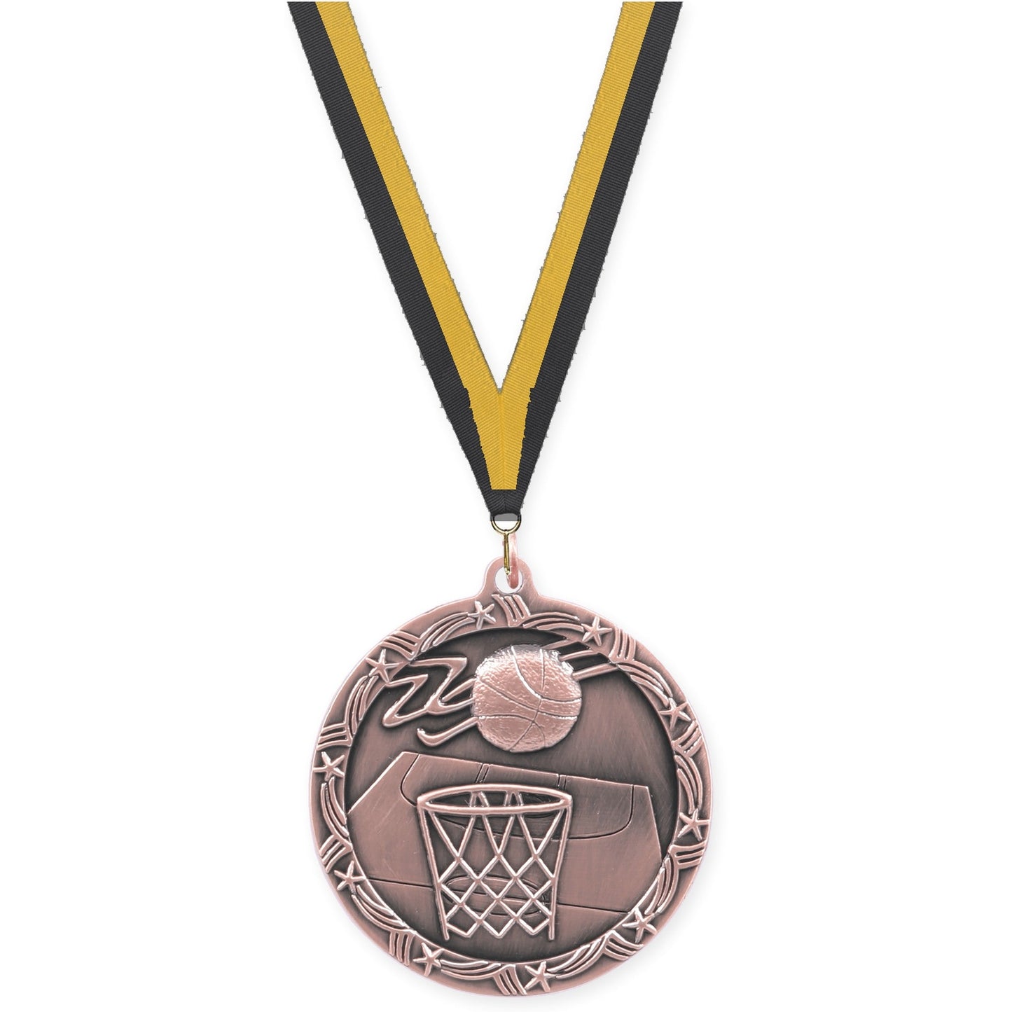 2 1/2 inch basketball Shooting Star medal in antique bronze with Black Gold neck ribbon