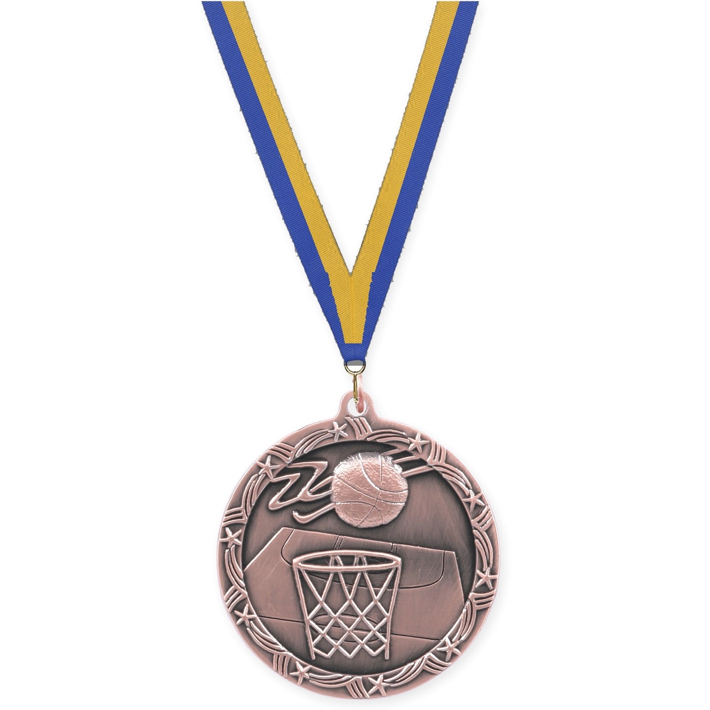 2 1/2 inch basketball Shooting Star medal in antique bronze with Blue Gold neck ribbon