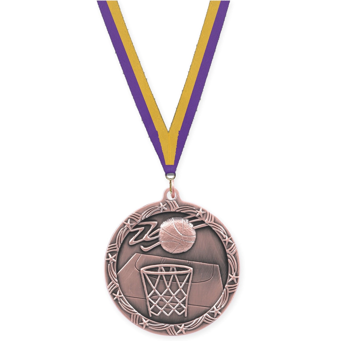 2 1/2 inch basketball Shooting Star medal in antique bronze with Purple Gold neck ribbon