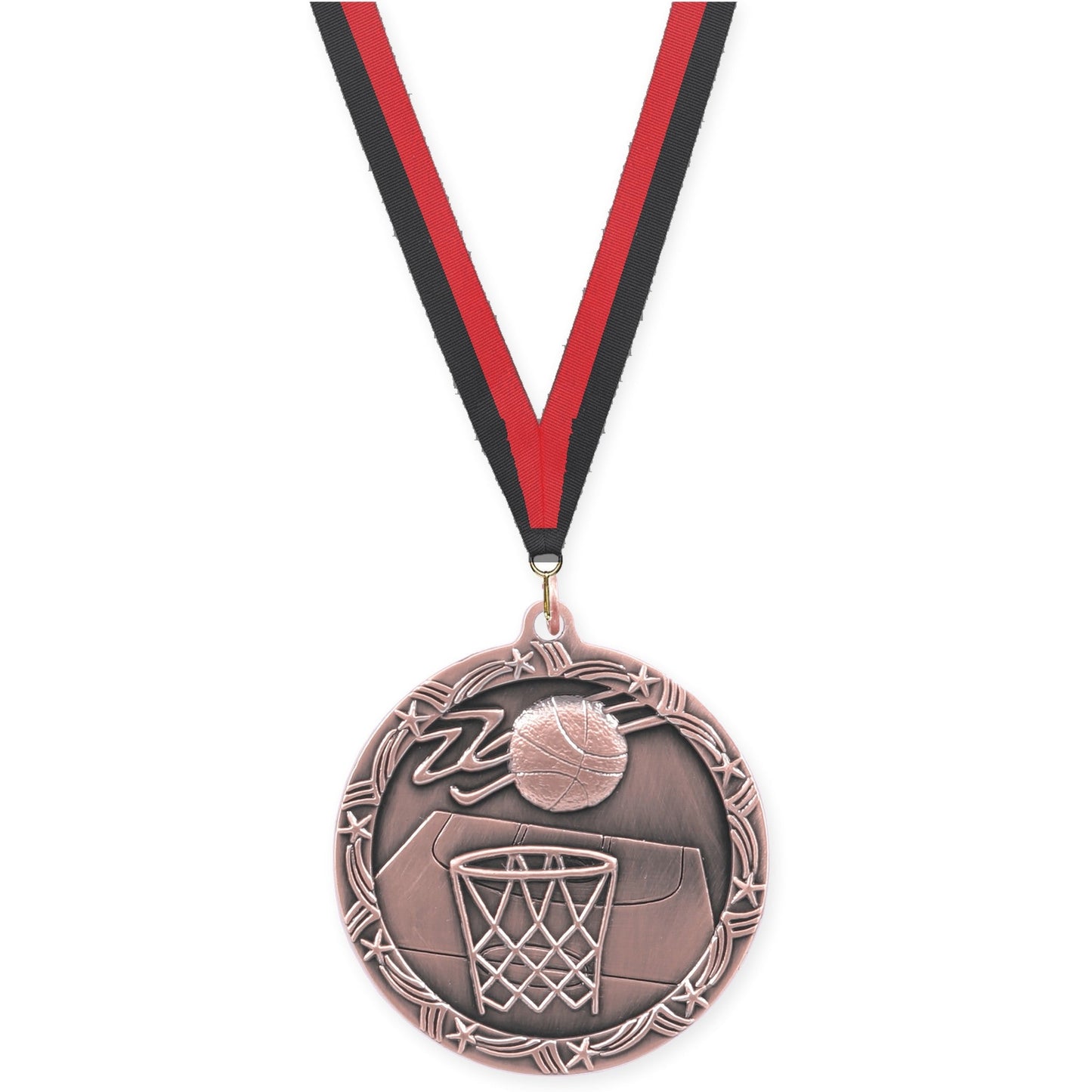 2 1/2 inch basketball Shooting Star medal in antique bronze with Black Red neck ribbon