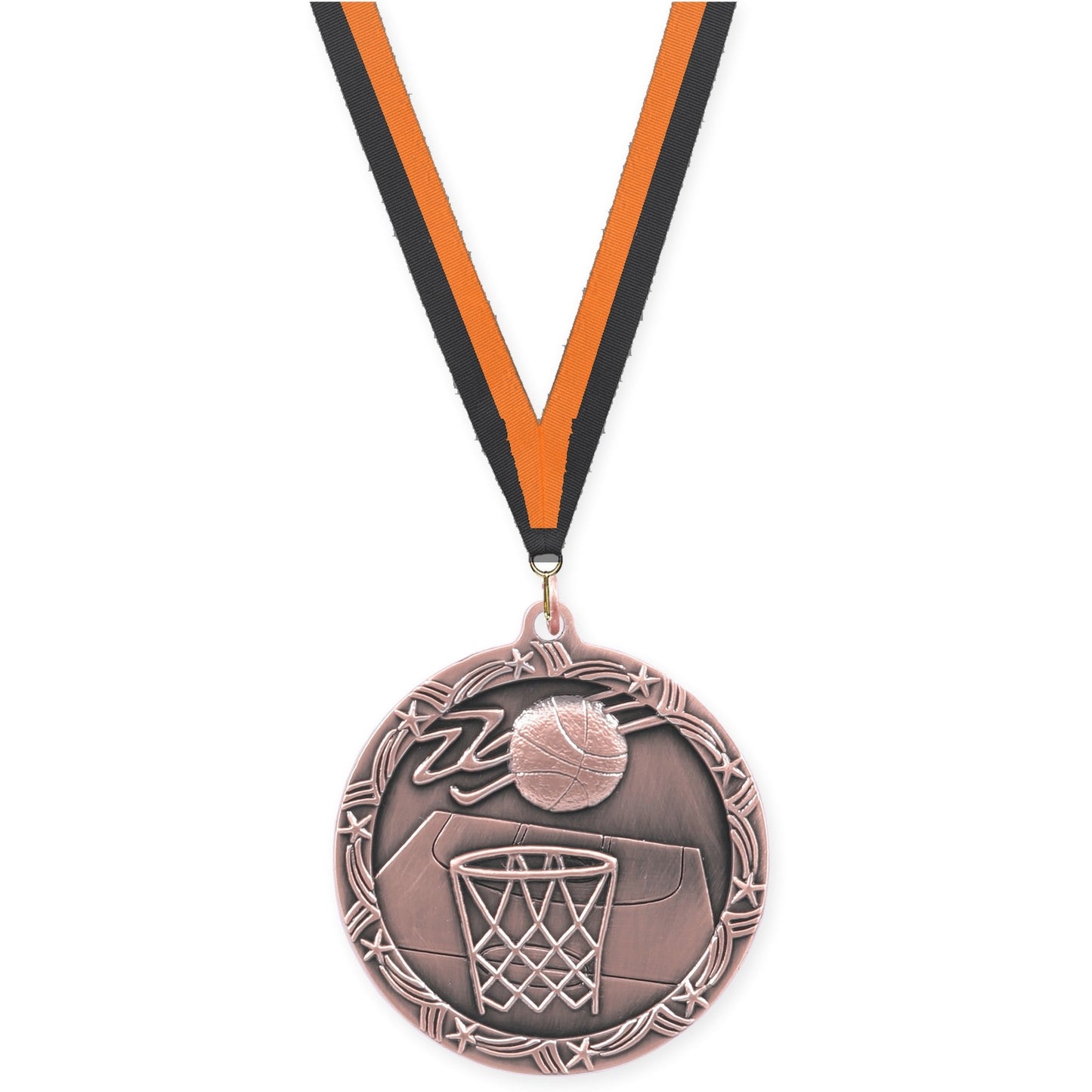 2 1/2 inch basketball Shooting Star medal in antique bronze with Black Orange neck ribbon