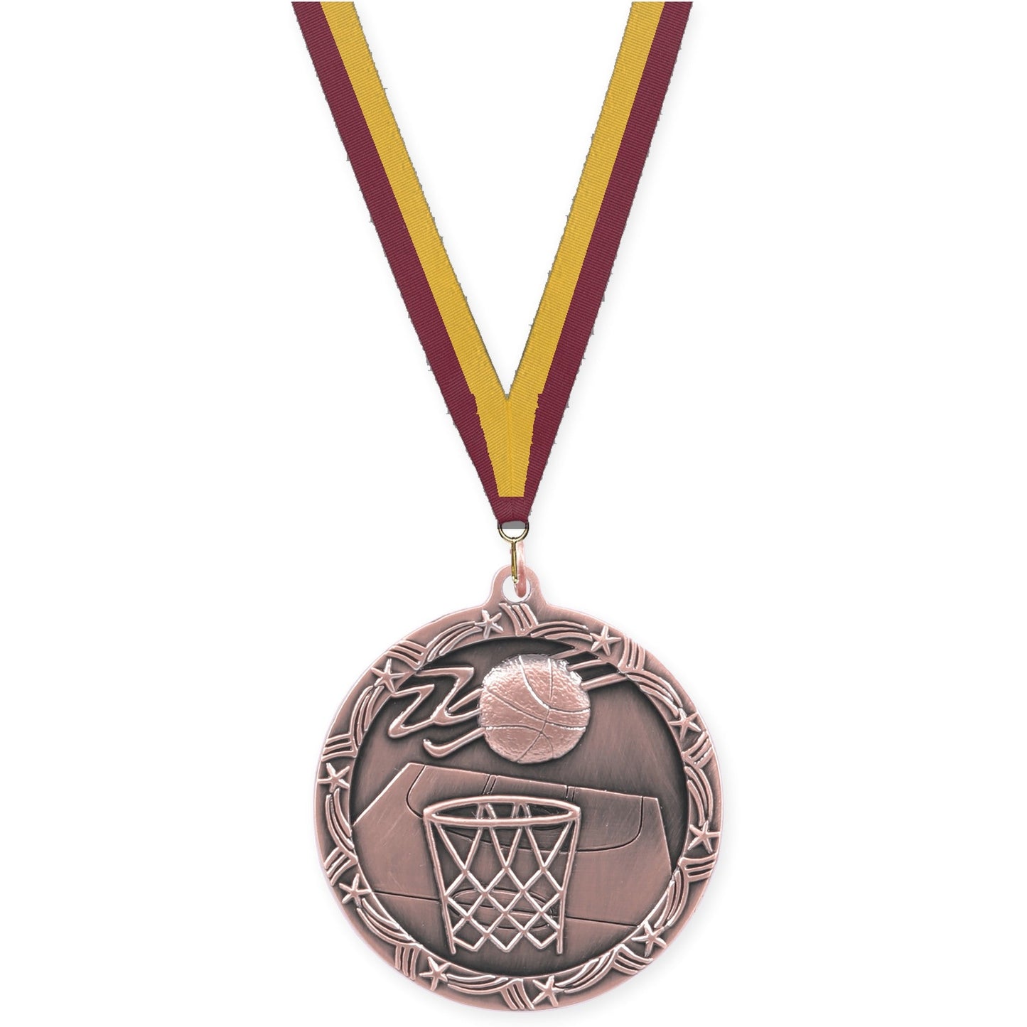 2 1/2 inch basketball Shooting Star medal in antique bronze with Maroon Gold neck ribbon
