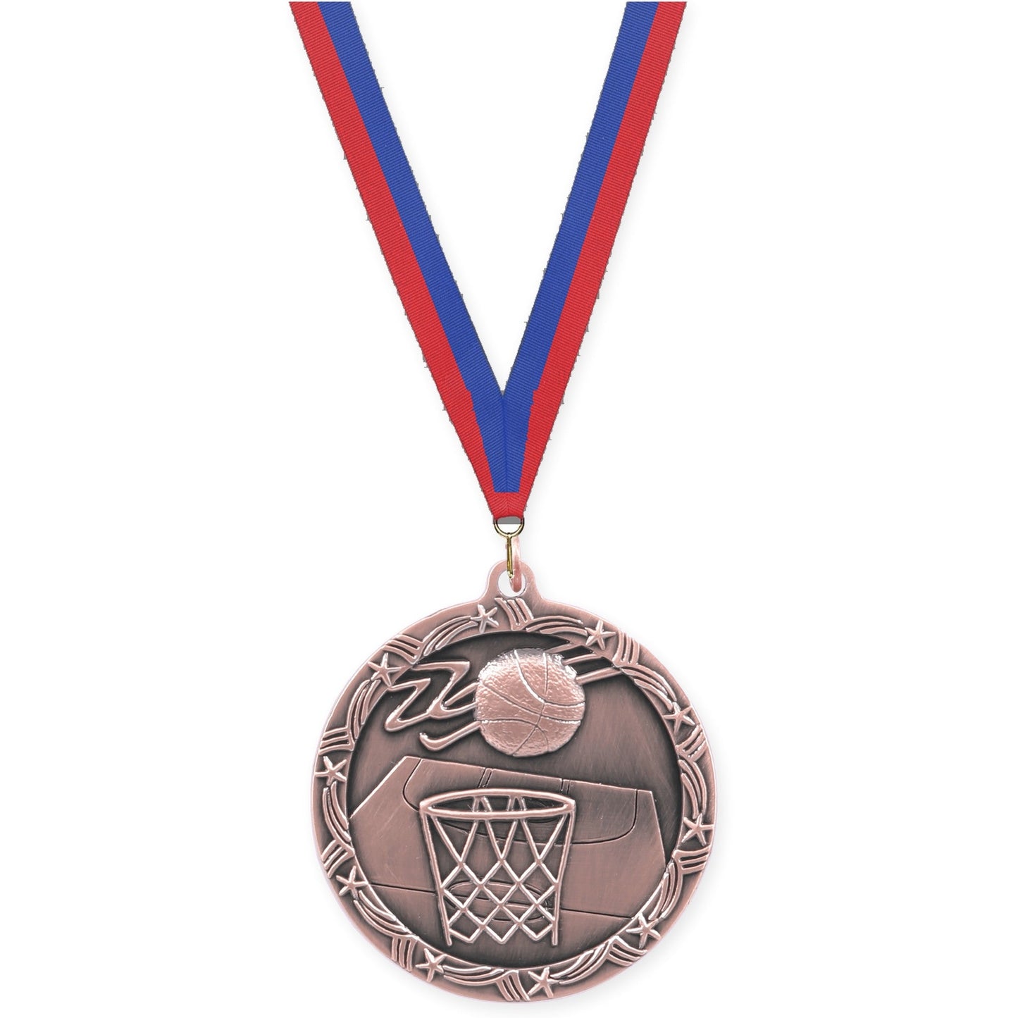 2 1/2 inch basketball Shooting Star medal in antique bronze with Blue Red neck ribbon
