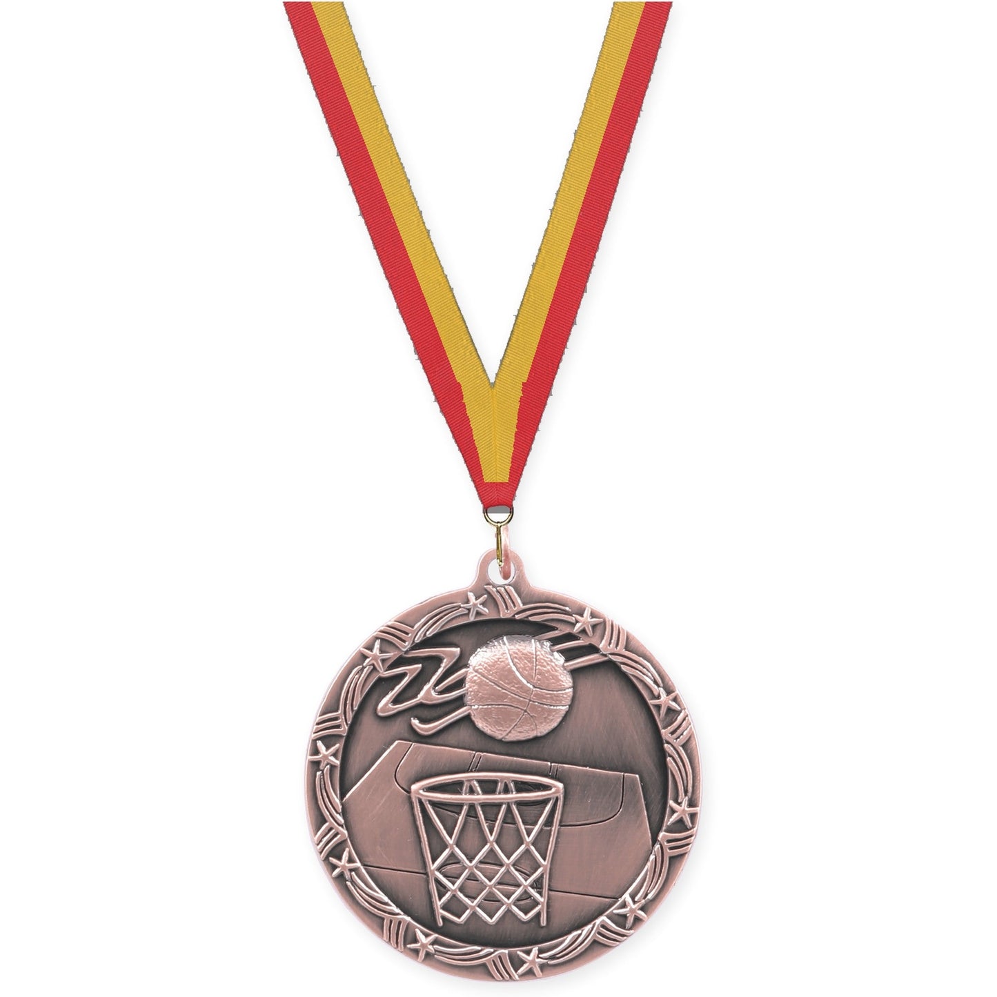 2 1/2 inch basketball Shooting Star medal in antique bronze with Red Gold neck ribbon