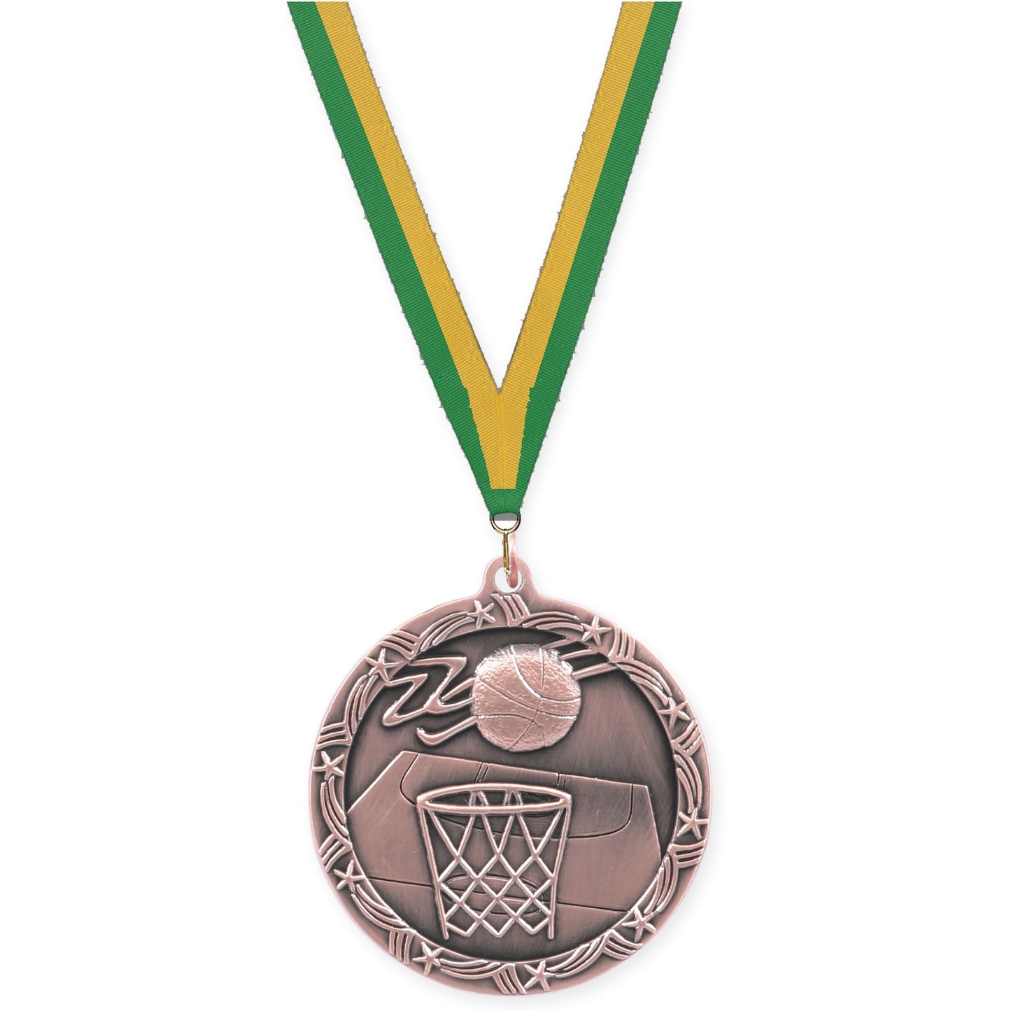 2 1/2 inch basketball Shooting Star medal in antique bronze with Green Gold neck ribbon
