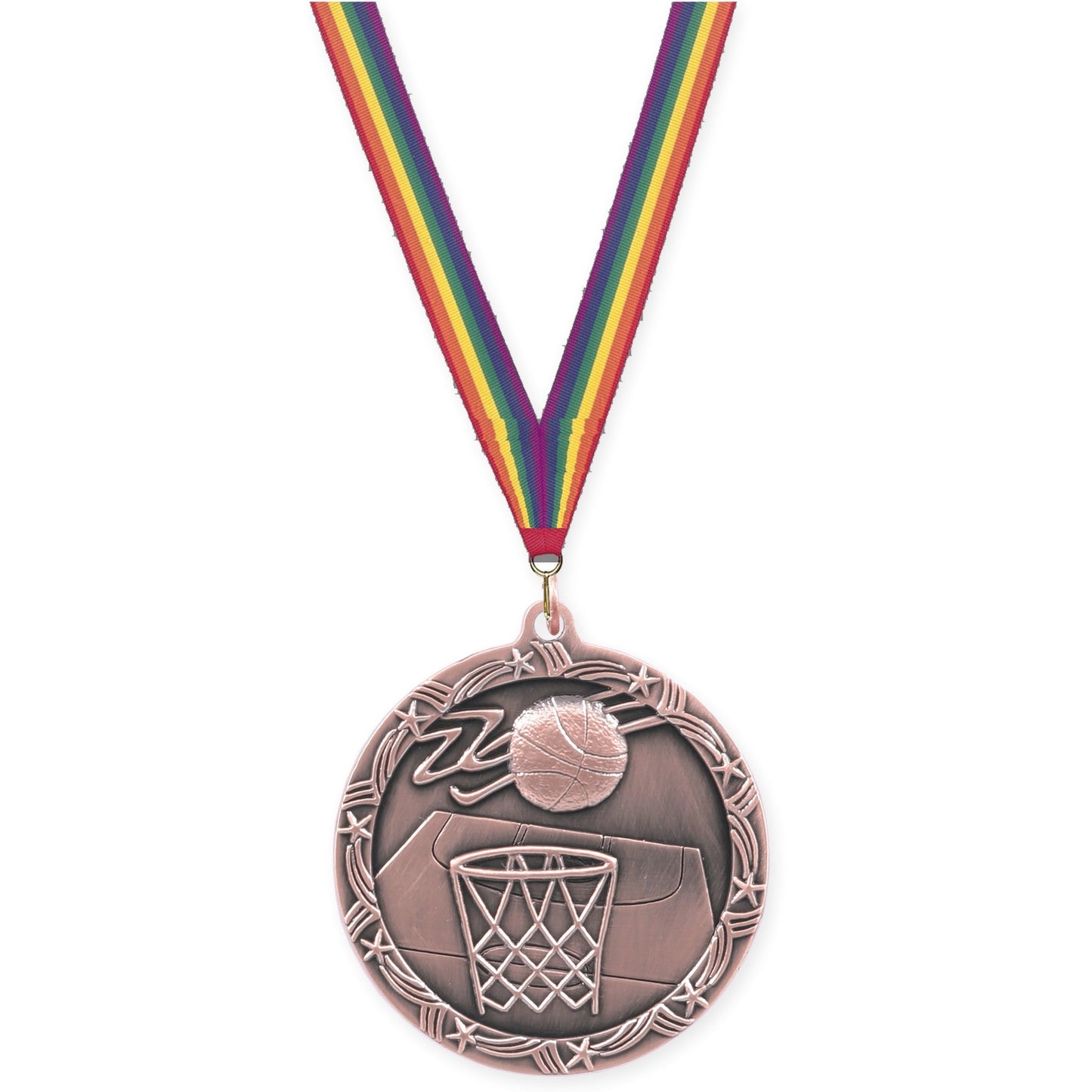 2 1/2 inch basketball Shooting Star medal in antique bronze with Rainbow neck ribbon
