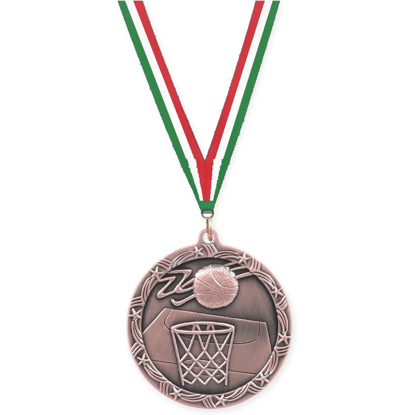 2 1/2 inch basketball Shooting Star medal in antique bronze with Green White Red neck ribbon