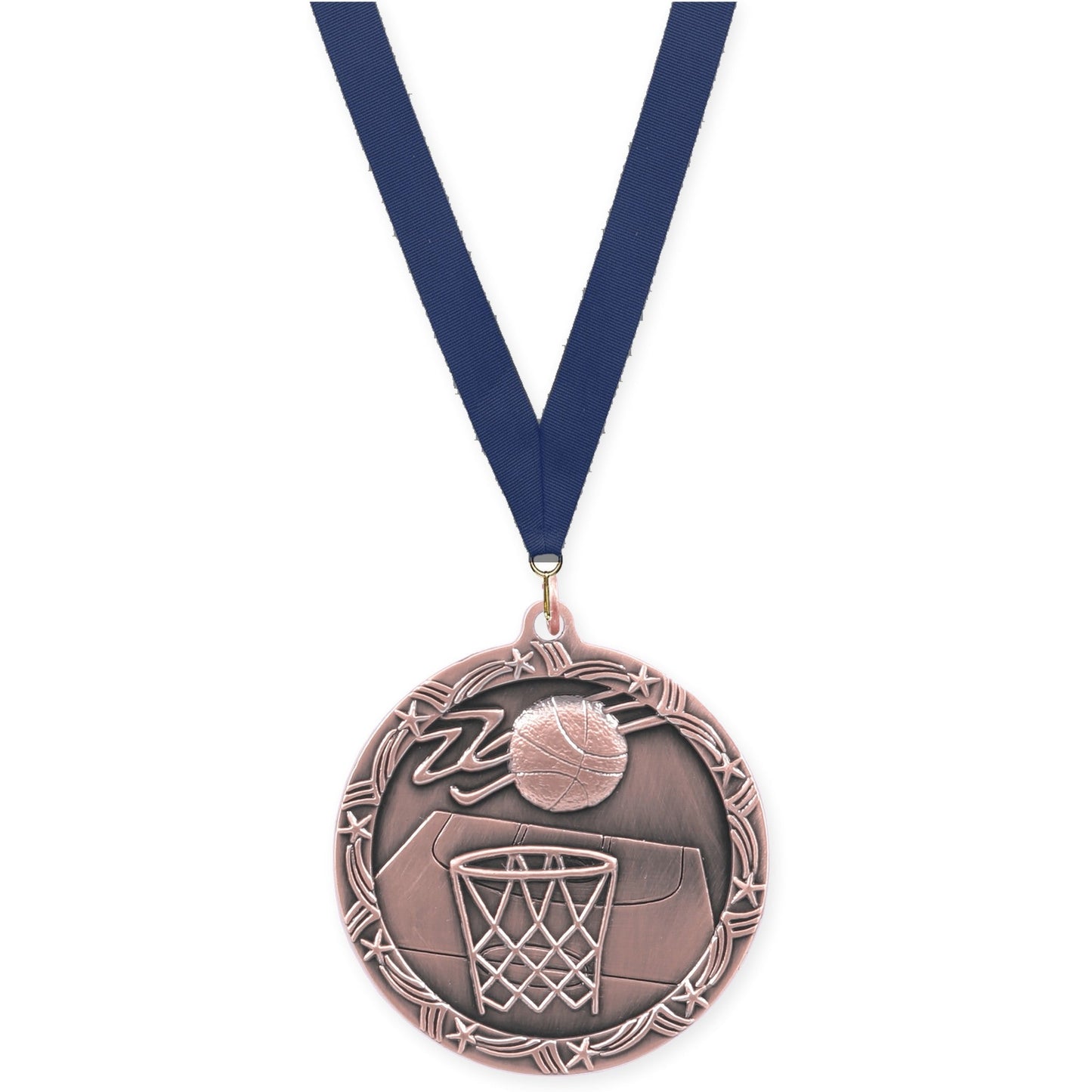 2 1/2 inch basketball Shooting Star medal in antique bronze with Navy neck ribbon