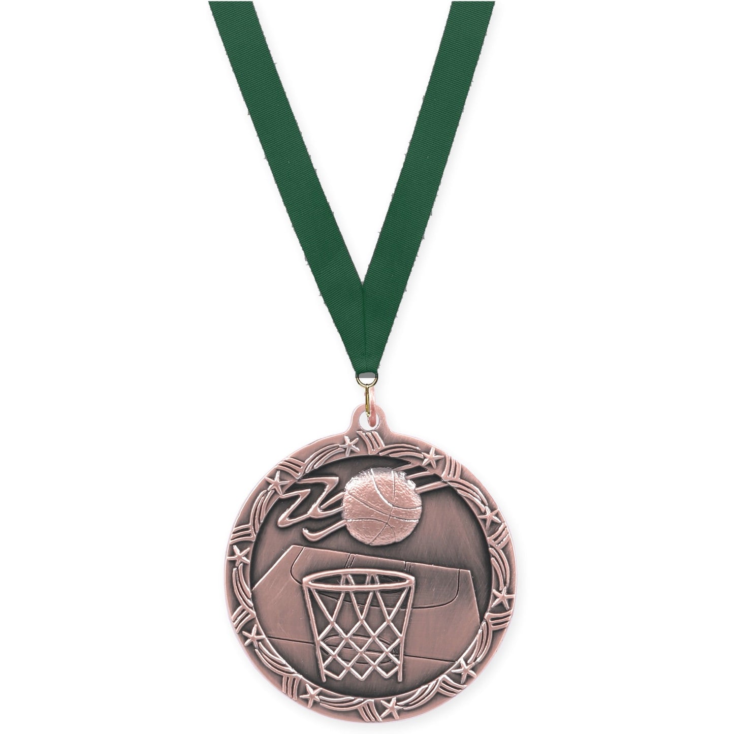 2 1/2 inch basketball Shooting Star medal in antique bronze with Hunter Green neck ribbon