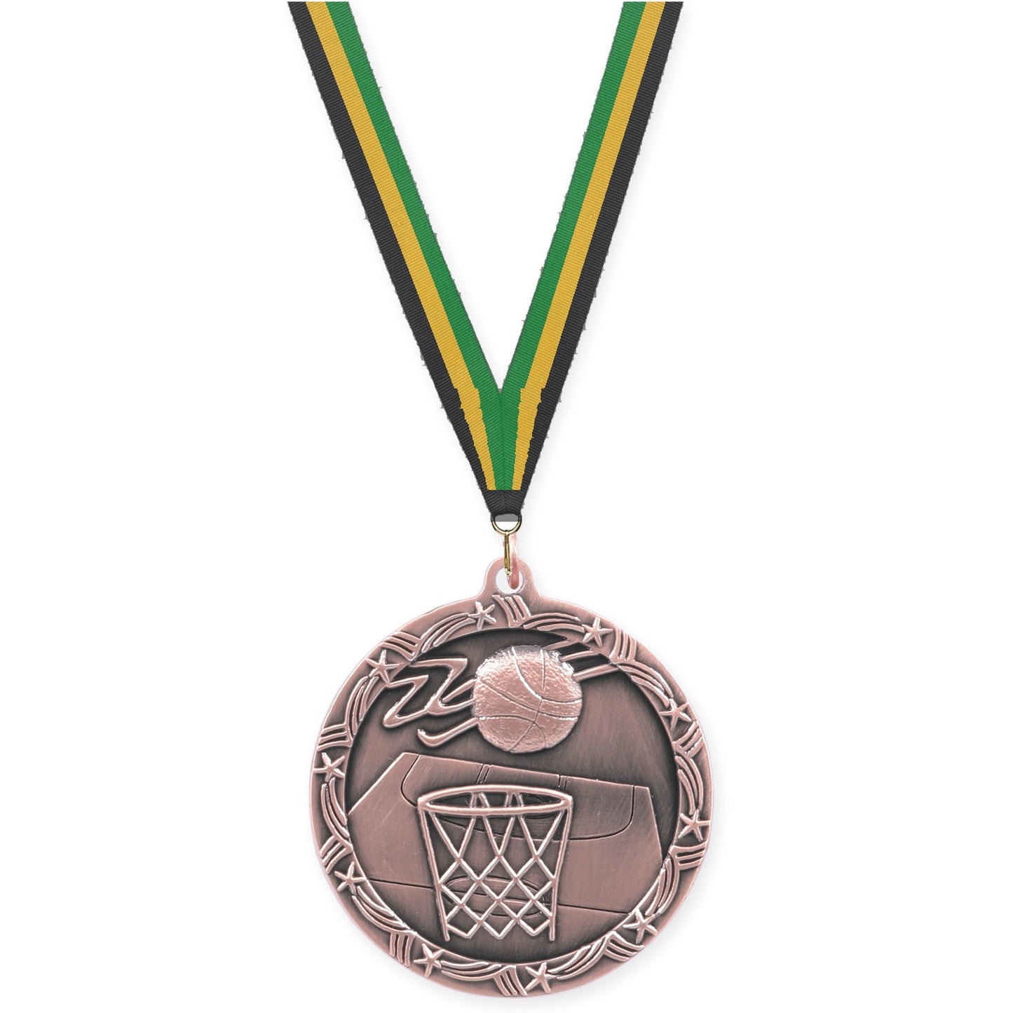 2 1/2 inch basketball Shooting Star medal in antique bronze with Black Gold Green neck ribbon