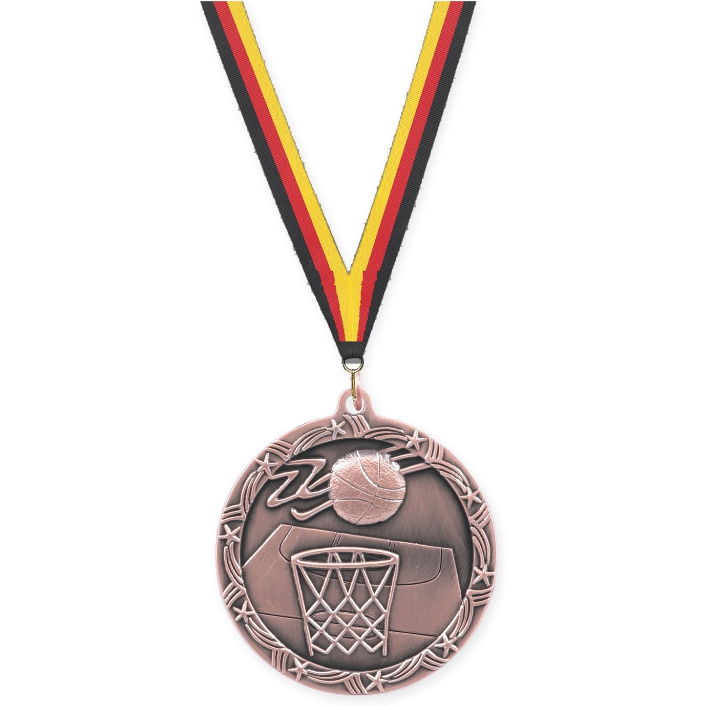 2 1/2 inch basketball Shooting Star medal in antique bronze with Black Red Yellow neck ribbon