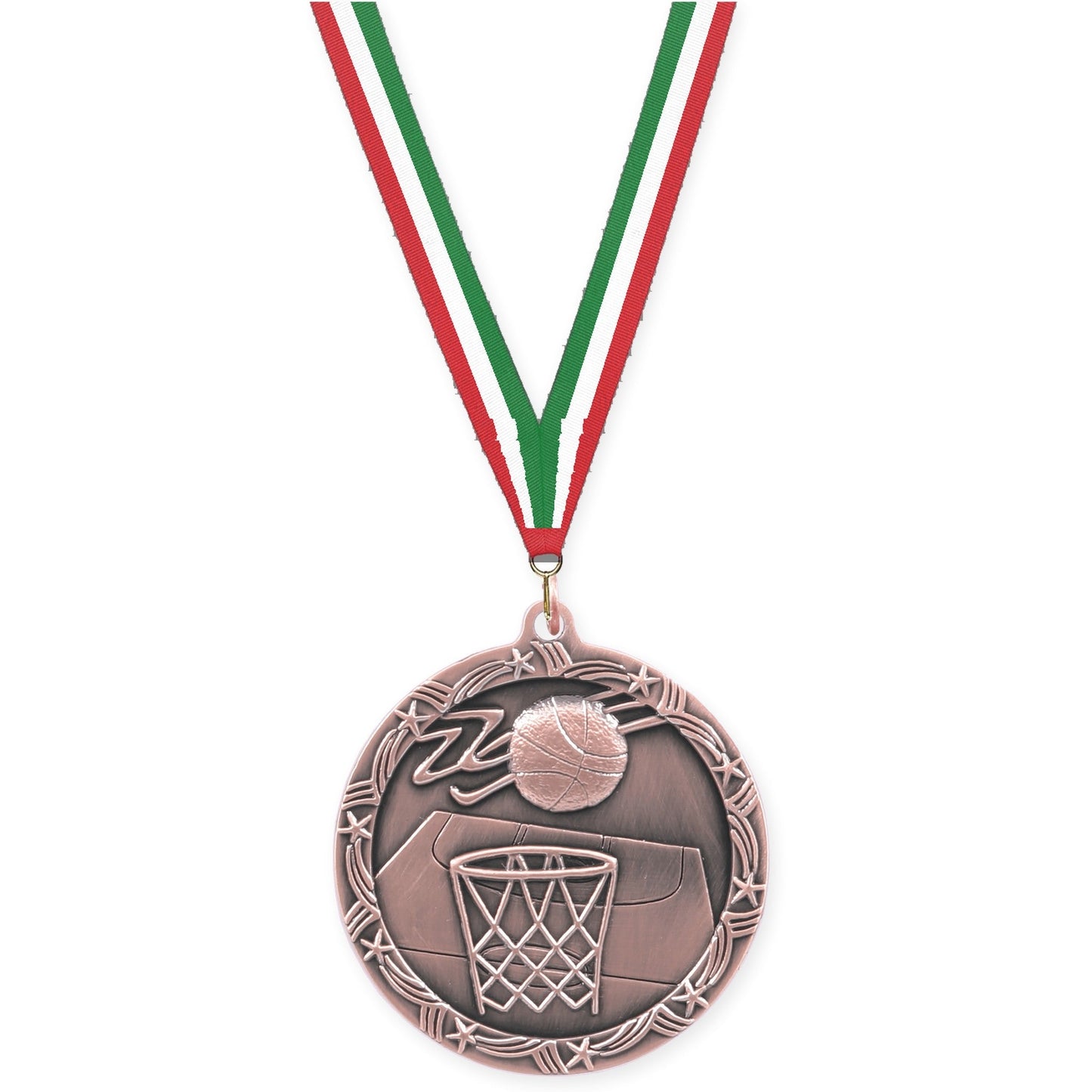 2 1/2 inch basketball Shooting Star medal in antique bronze with Red White Green neck ribbon