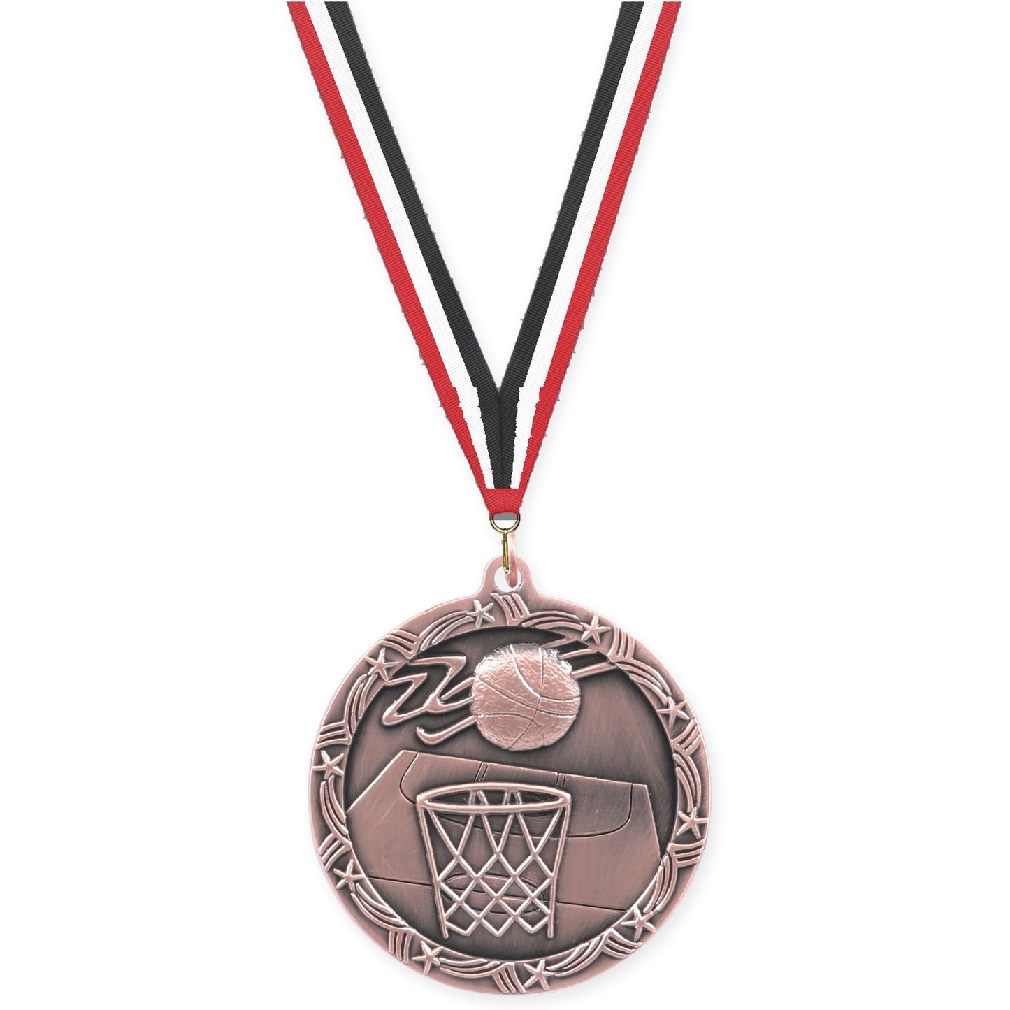 2 1/2 inch basketball Shooting Star medal in antique bronze with Red White Black neck ribbon