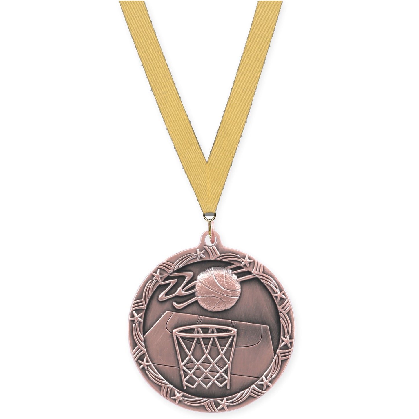 2 1/2 inch basketball Shooting Star medal in antique bronze with Gold Metallic neck ribbon