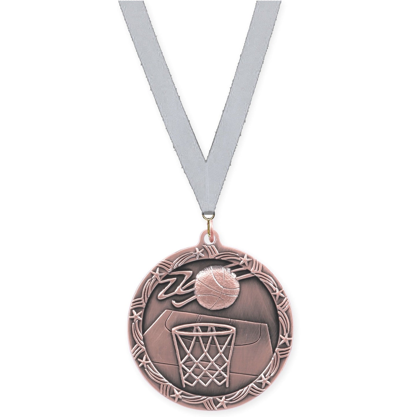 2 1/2 inch basketball Shooting Star medal in antique bronze with Silver Metallic neck ribbon