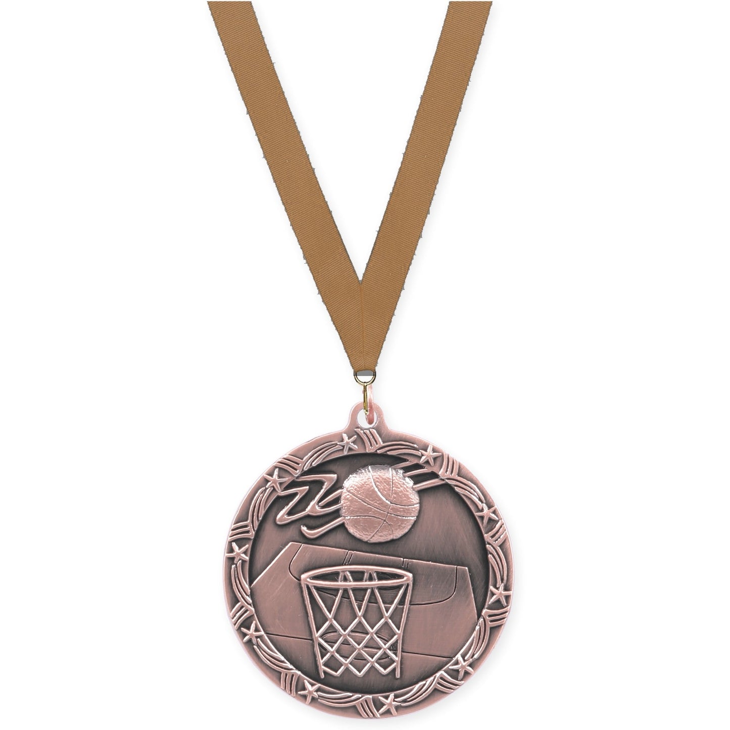 2 1/2 inch basketball Shooting Star medal in antique bronze with Bronze Metallic neck ribbon