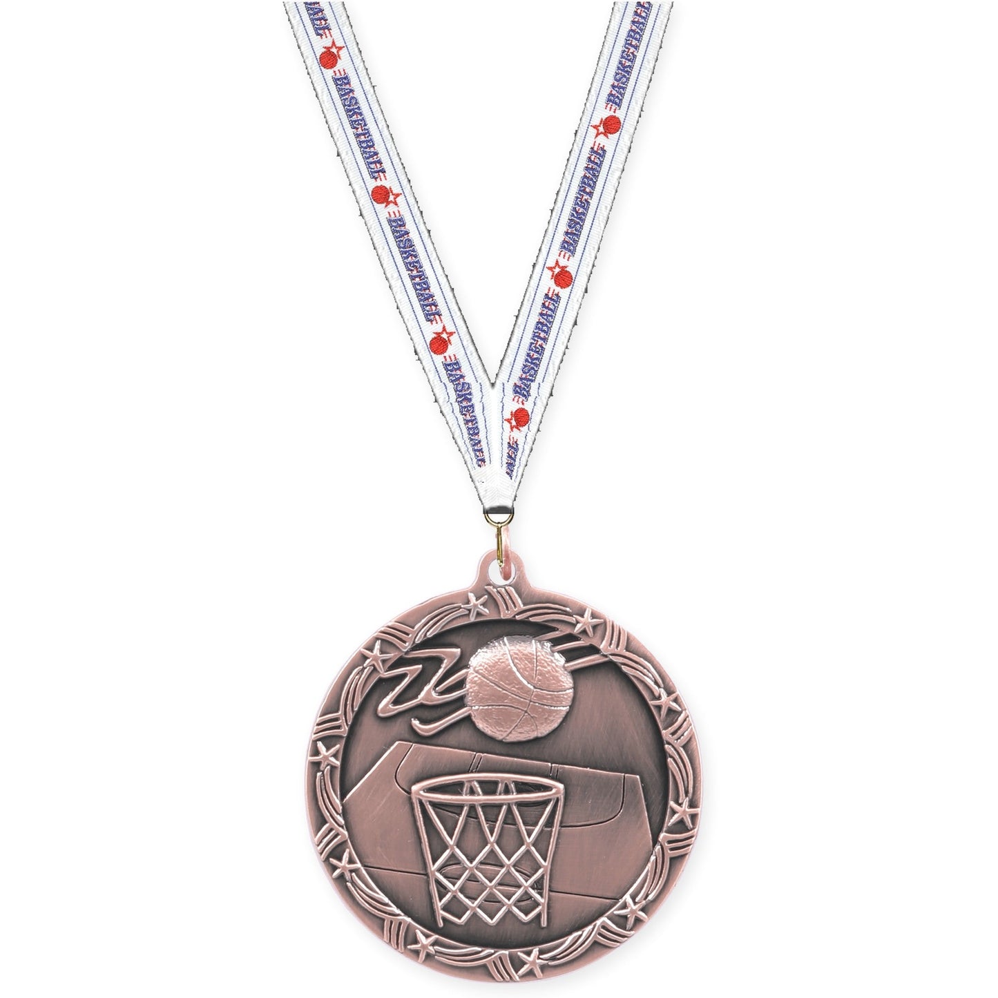 2 1/2 inch basketball Shooting Star medal in antique bronze with Basketball neck ribbon