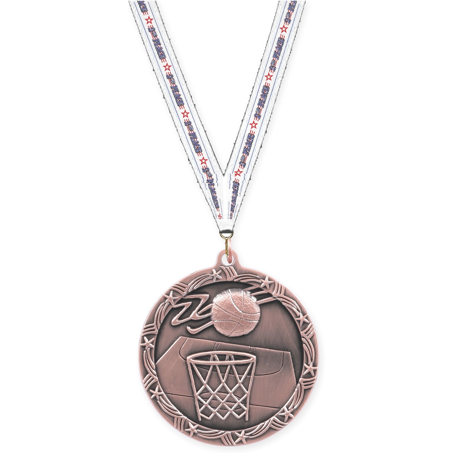 2 1/2 inch basketball Shooting Star medal in antique bronze with 2nd Place neck ribbon