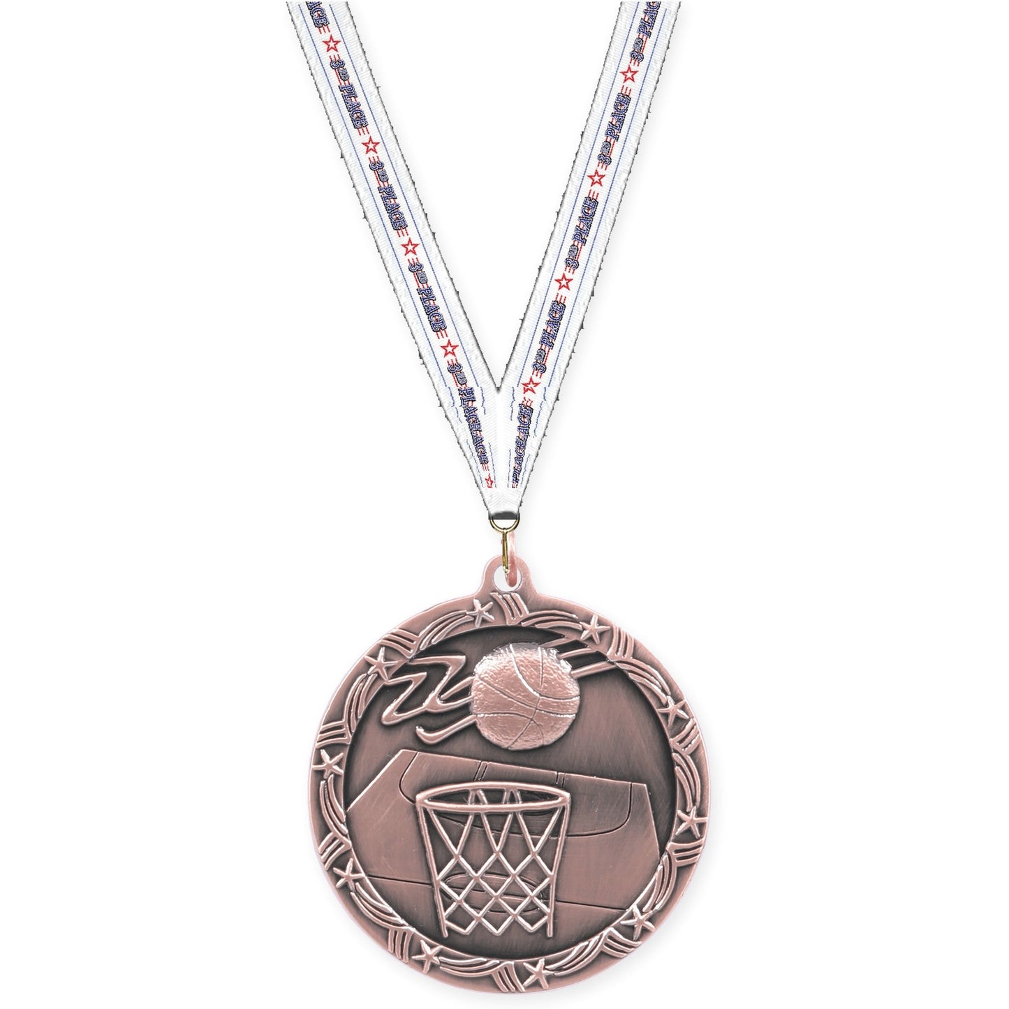 2 1/2 inch basketball Shooting Star medal in antique bronze with 3rd Place neck ribbon