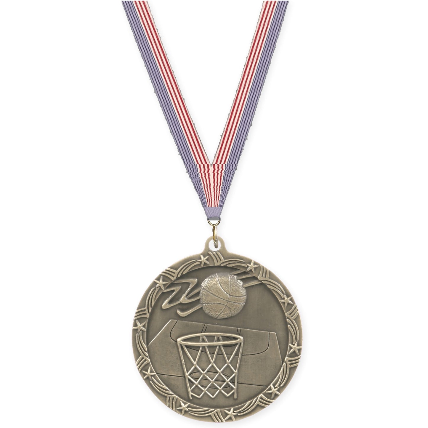2 1/2 inch basketball Shooting Star medal in antique gold with USA Flag neck ribbon