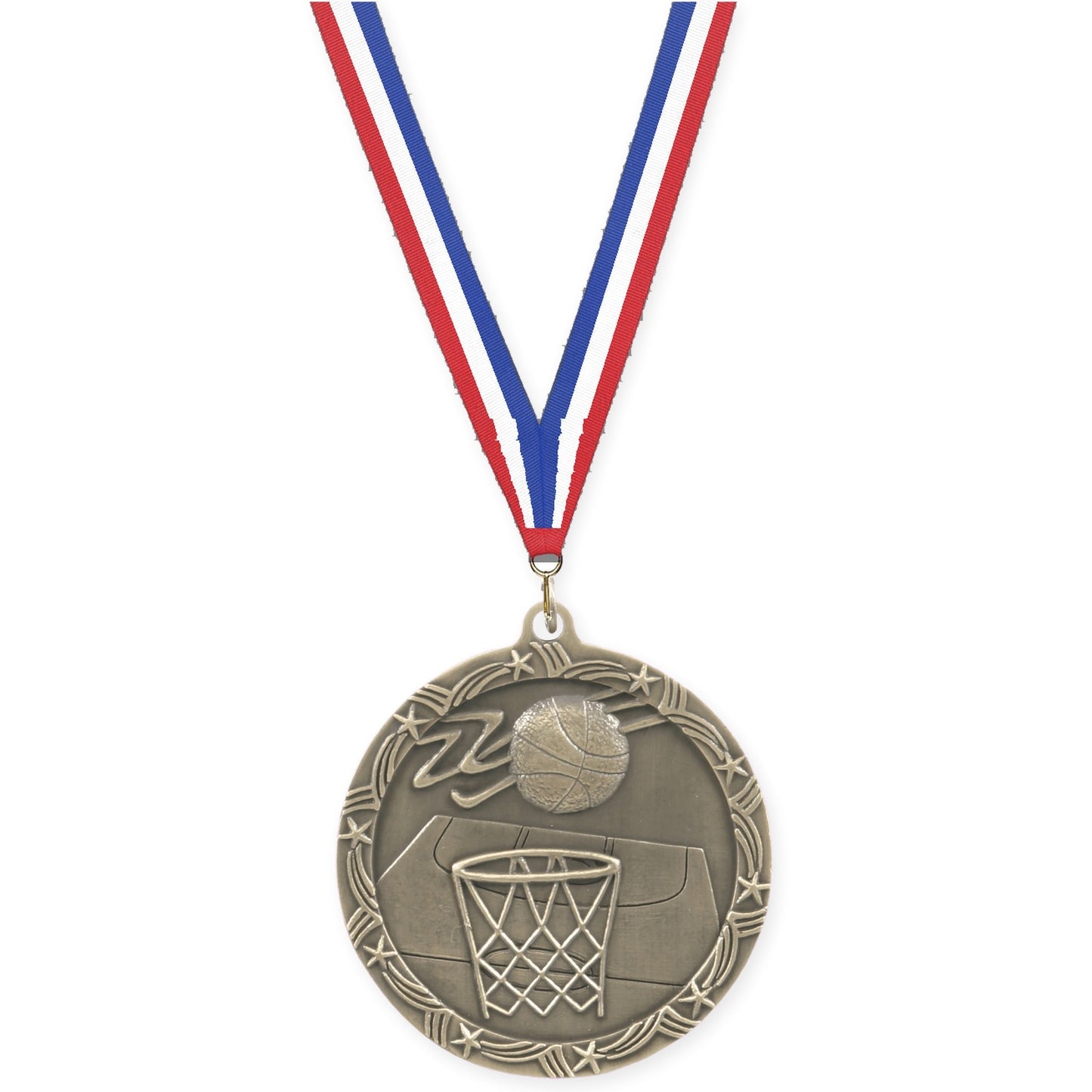 2 1/2 inch basketball Shooting Star medal in antique gold with Red White Blue neck ribbon