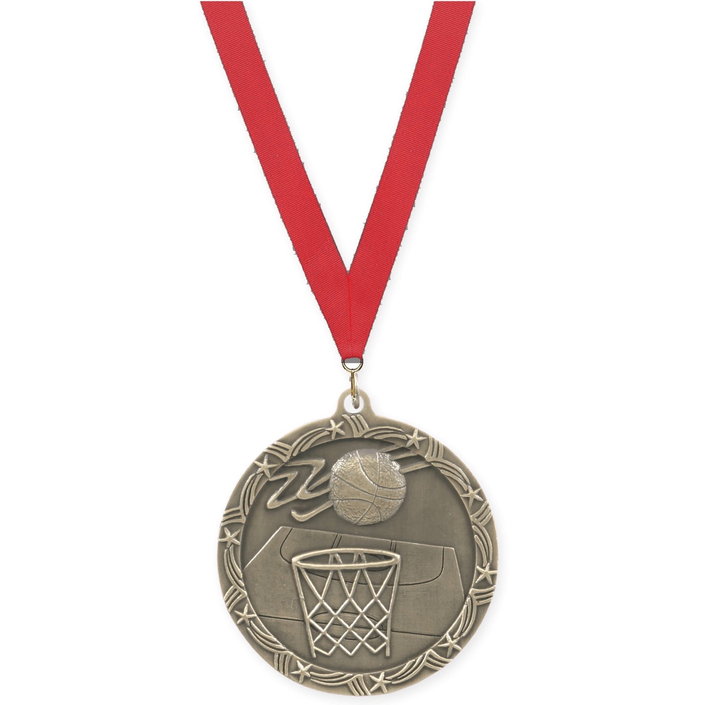 2 1/2 inch basketball Shooting Star medal in antique gold with Red neck ribbon
