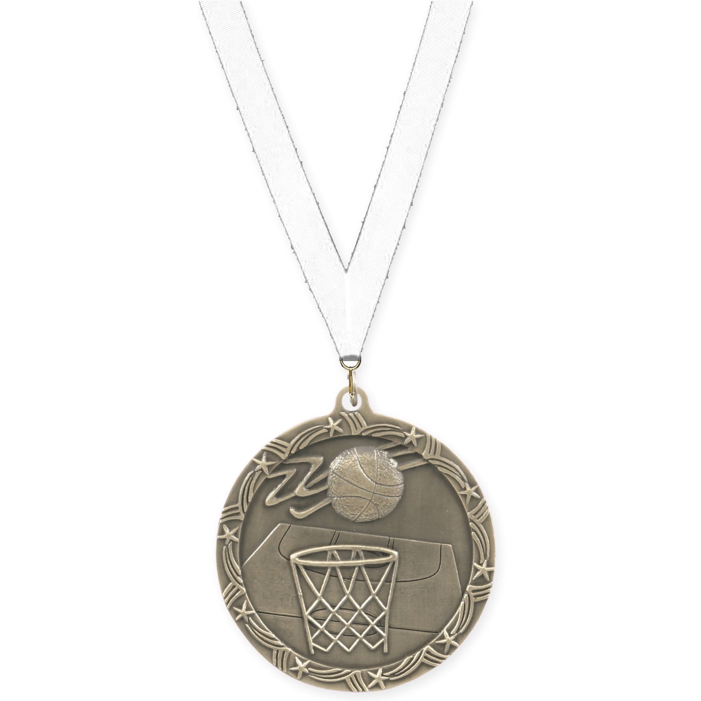 2 1/2 inch basketball Shooting Star medal in antique gold with White neck ribbon