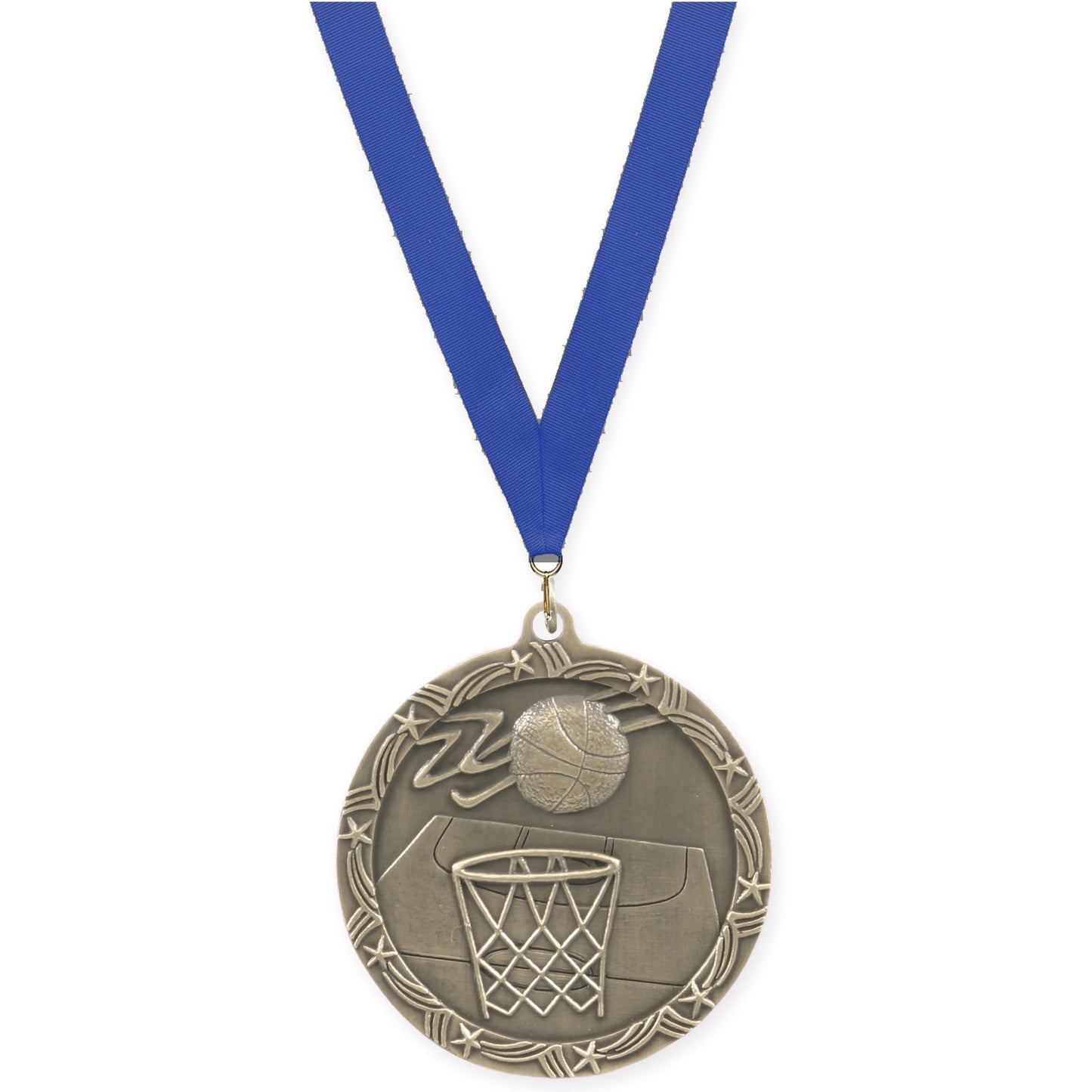 2 1/2 inch basketball Shooting Star medal in antique gold with Blue neck ribbon