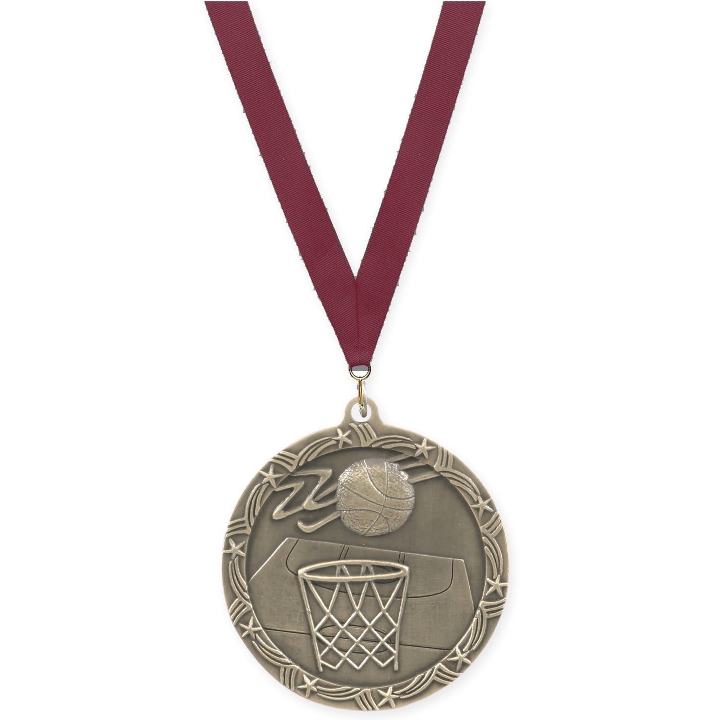 2 1/2 inch basketball Shooting Star medal in antique gold with Maroon neck ribbon