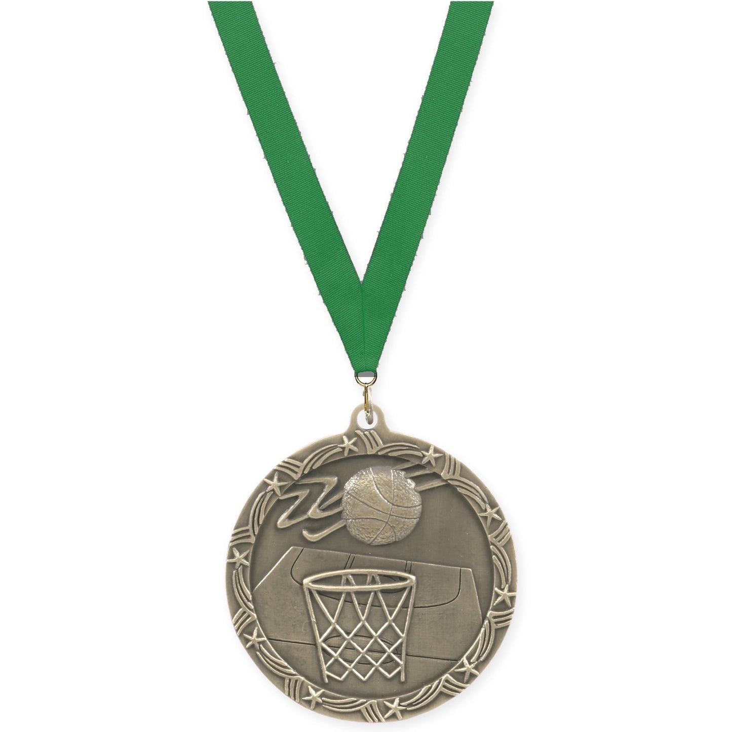2 1/2 inch basketball Shooting Star medal in antique gold with Green neck ribbon