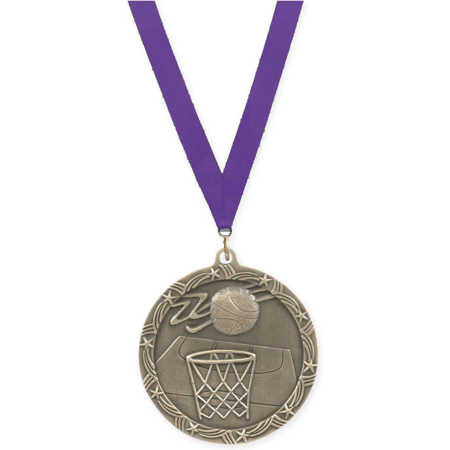 2 1/2 inch basketball Shooting Star medal in antique gold with Purple neck ribbon
