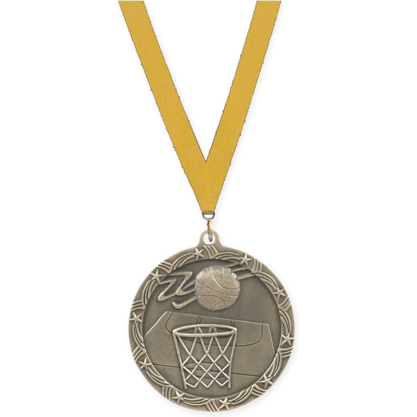 2 1/2 inch basketball Shooting Star medal in antique gold with Gold neck ribbon