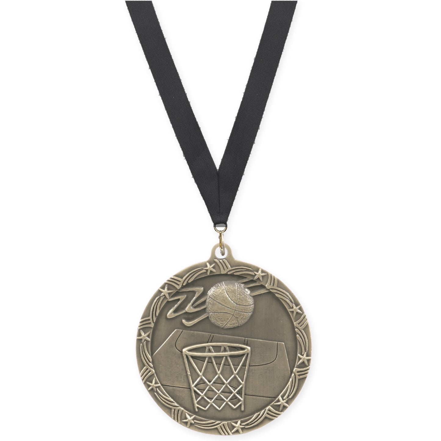 2 1/2 inch basketball Shooting Star medal in antique gold with Black neck ribbon