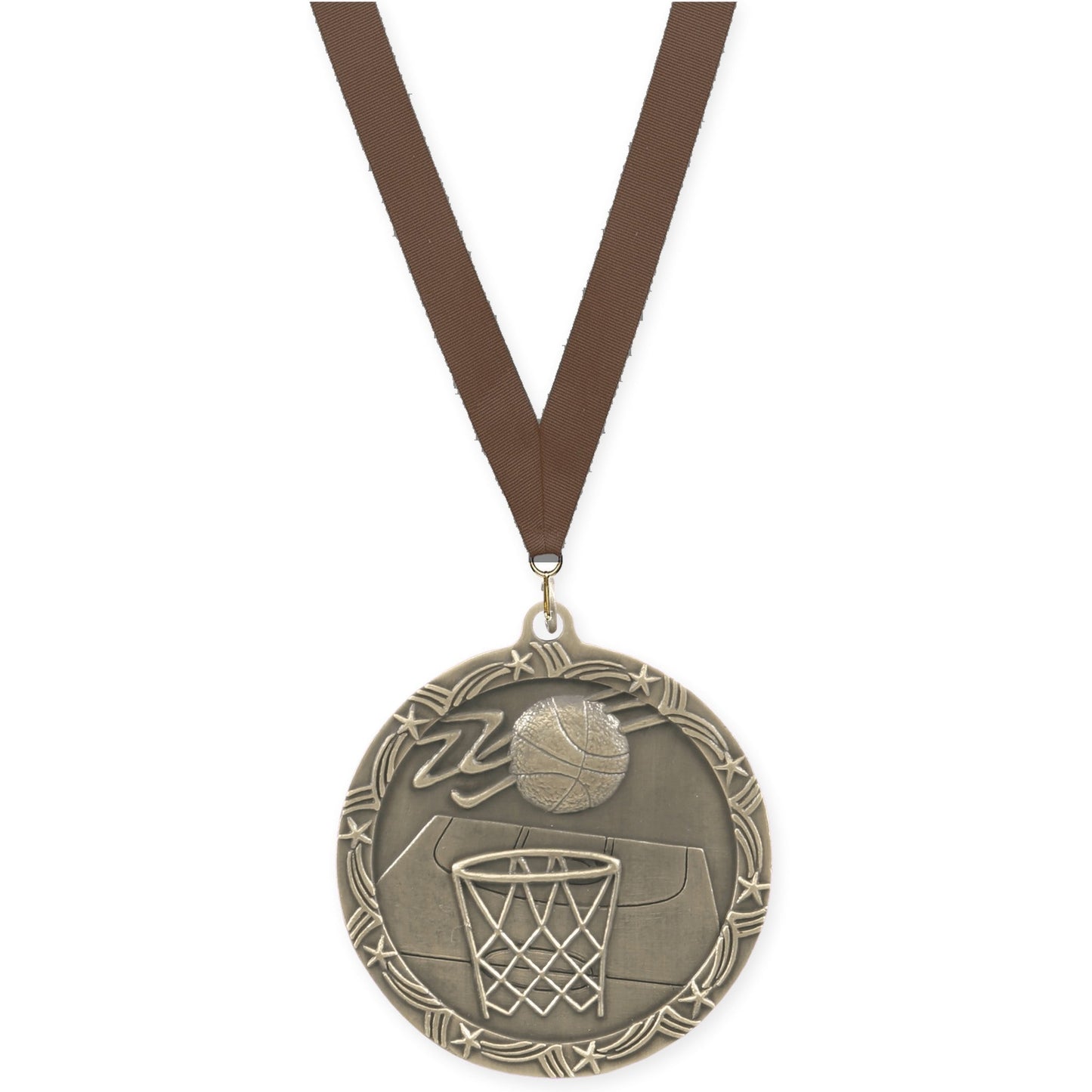 2 1/2 inch basketball Shooting Star medal in antique gold with Brown neck ribbon