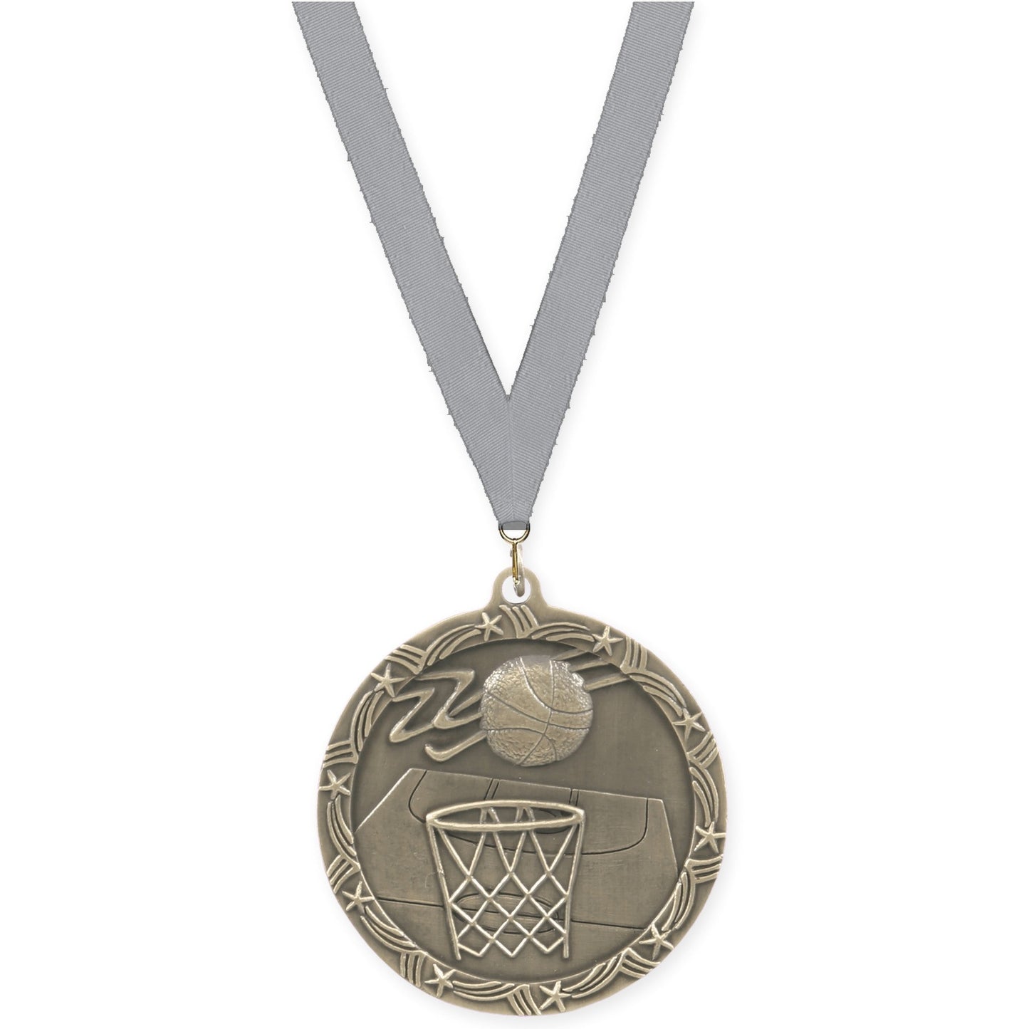 2 1/2 inch basketball Shooting Star medal in antique gold with Gray neck ribbon