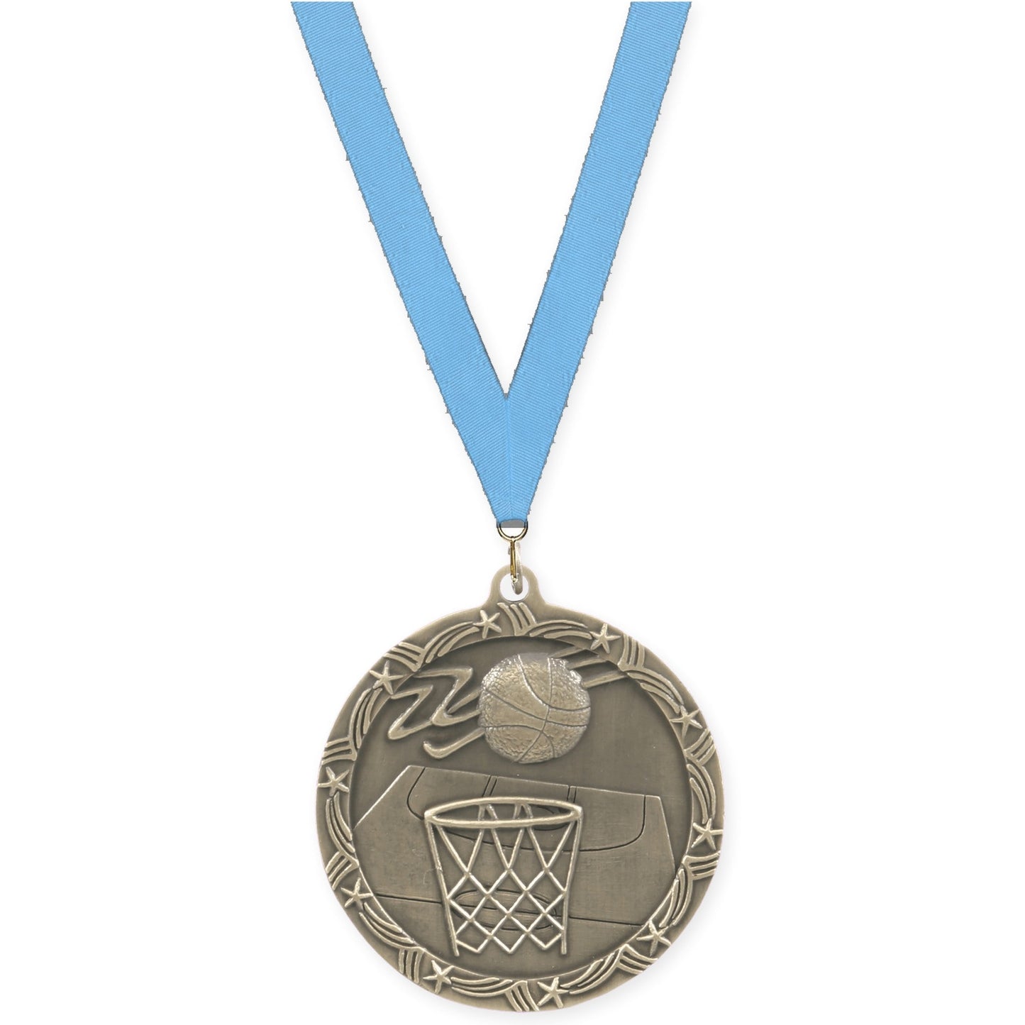 2 1/2 inch basketball Shooting Star medal in antique gold with Light Blue neck ribbon