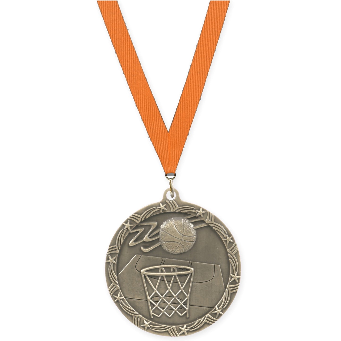 2 1/2 inch basketball Shooting Star medal in antique gold with Orange neck ribbon