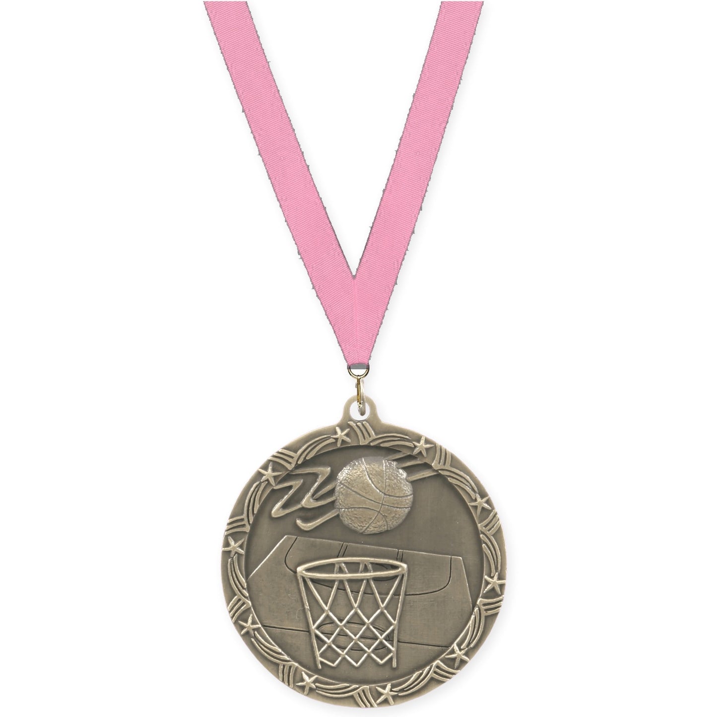 2 1/2 inch basketball Shooting Star medal in antique gold with Pink neck ribbon