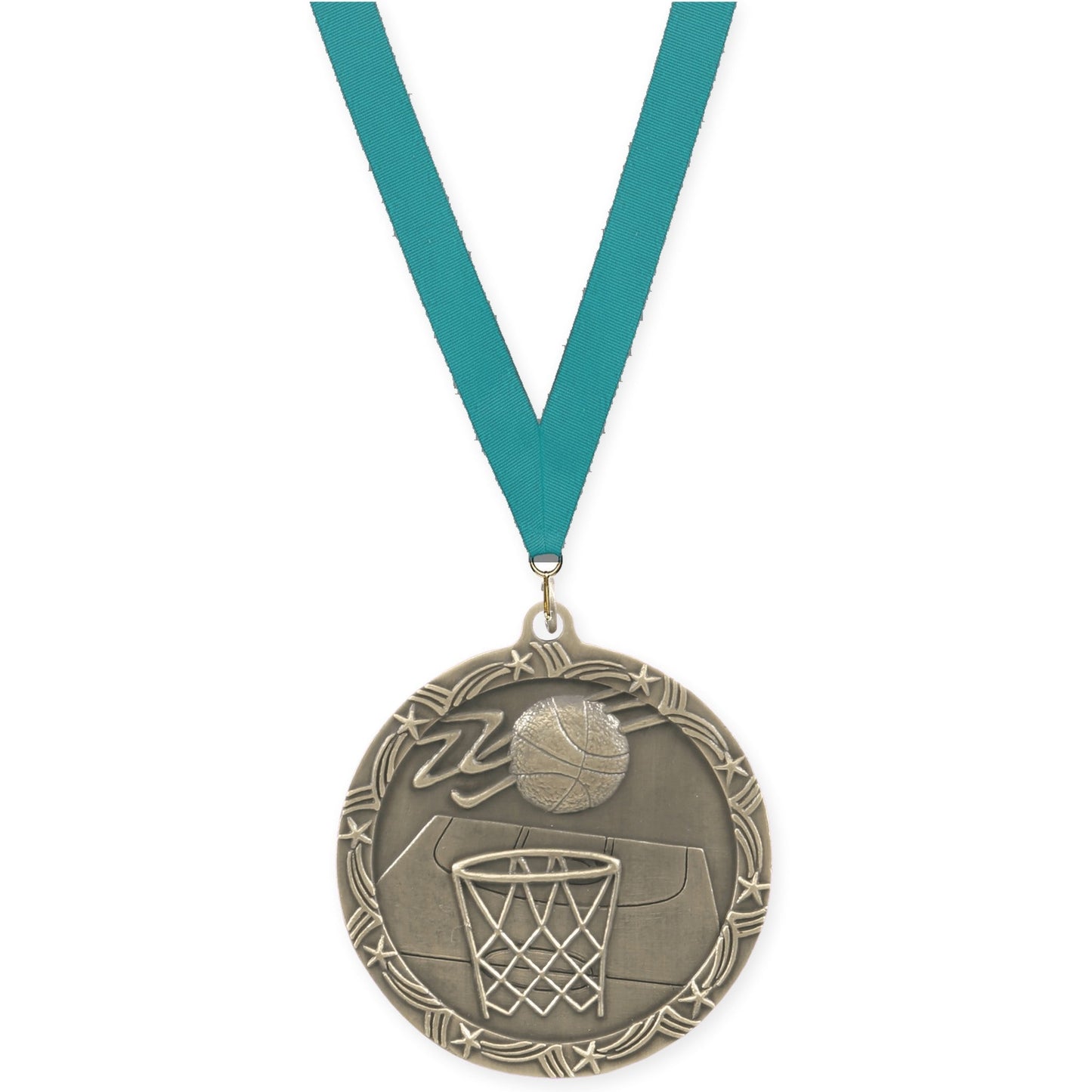 2 1/2 inch basketball Shooting Star medal in antique gold with Teal neck ribbon