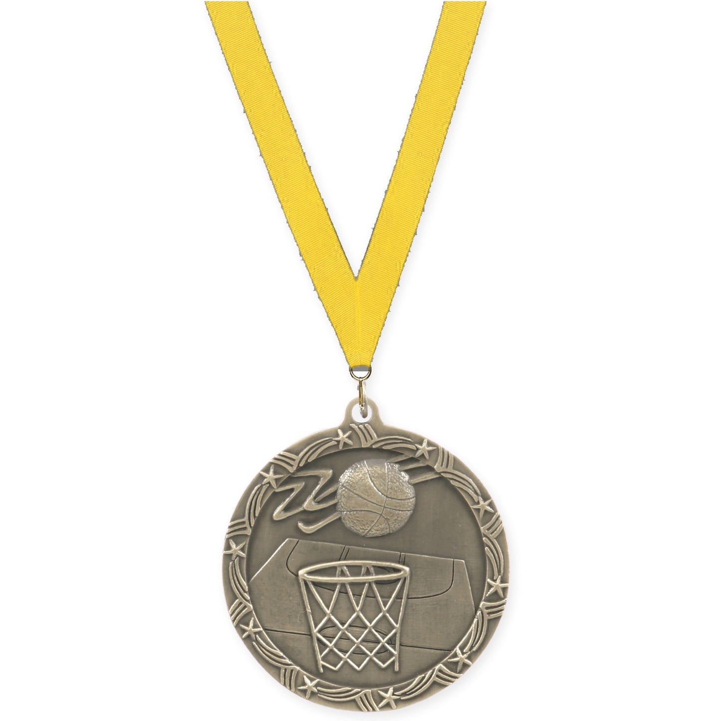 2 1/2 inch basketball Shooting Star medal in antique gold with Yellow neck ribbon