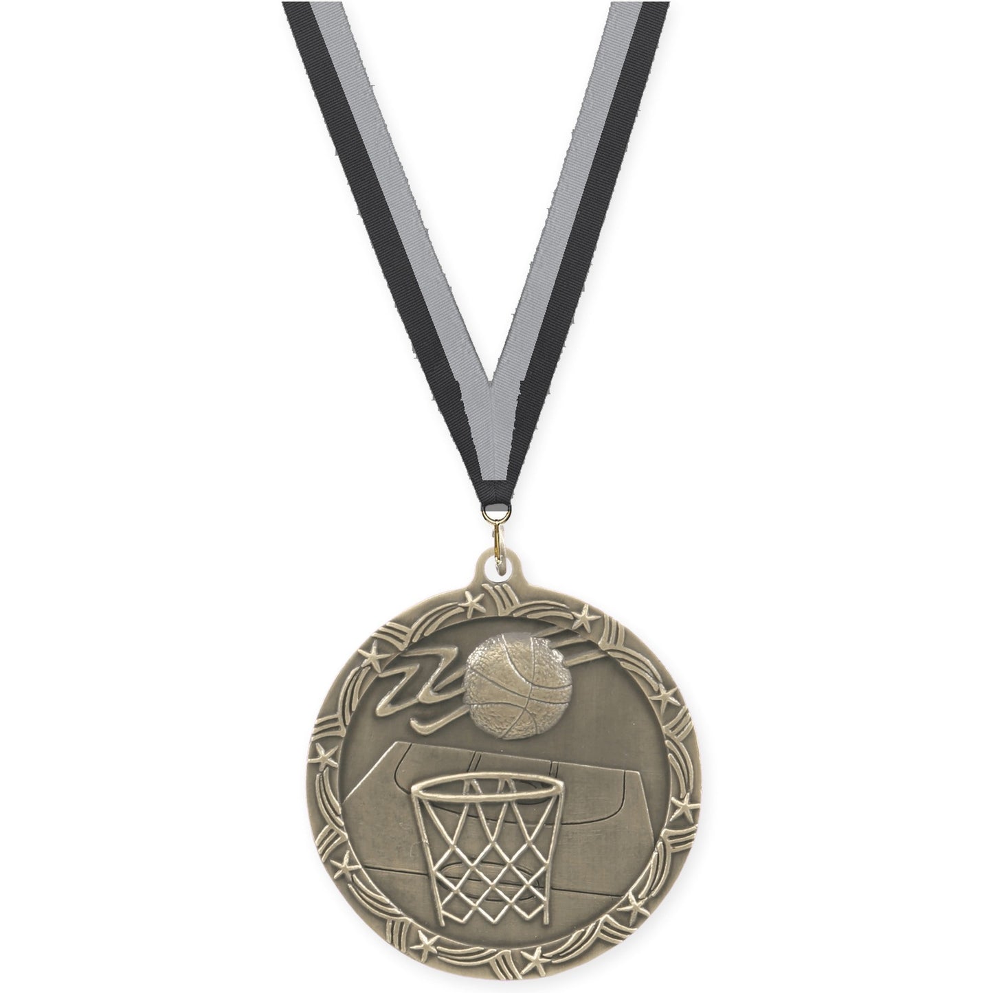 2 1/2 inch basketball Shooting Star medal in antique gold with Black Gray neck ribbon