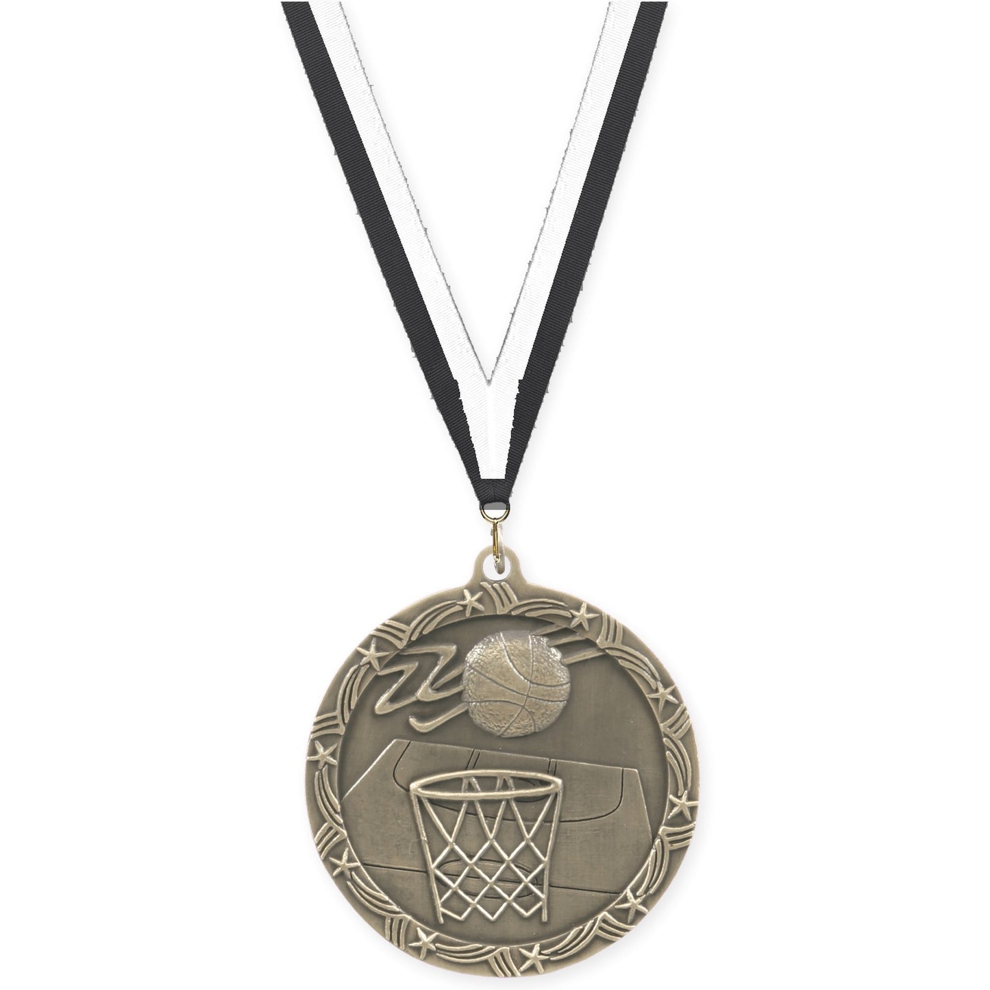 2 1/2 inch basketball Shooting Star medal in antique gold with Black White neck ribbon