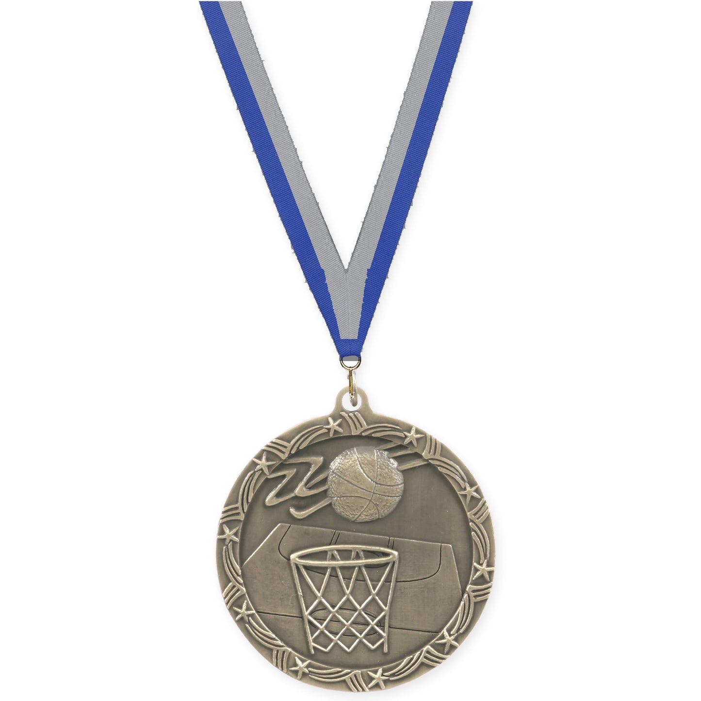 2 1/2 inch basketball Shooting Star medal in antique gold with Blue Gray neck ribbon