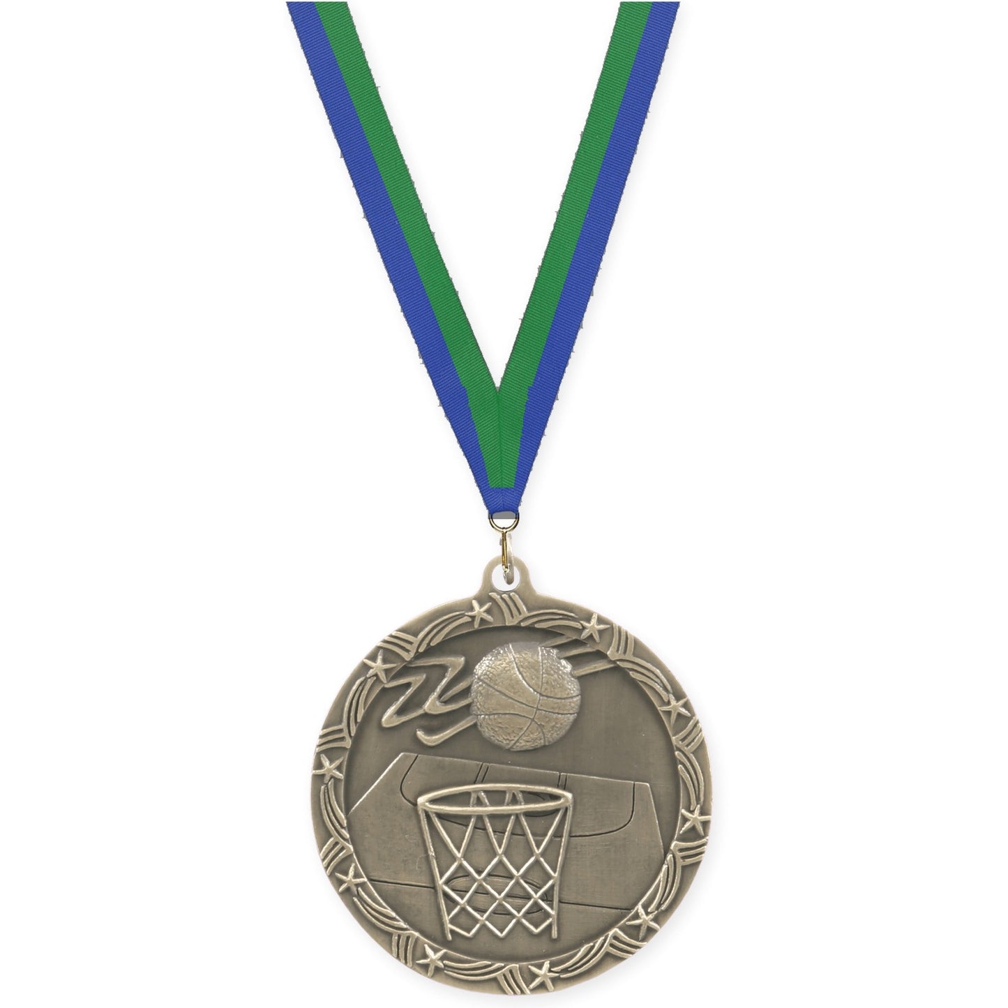 2 1/2 inch basketball Shooting Star medal in antique gold with Blue Green neck ribbon