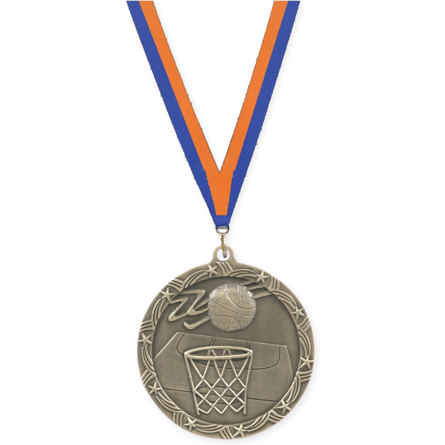 2 1/2 inch basketball Shooting Star medal in antique gold with Blue Orange neck ribbon